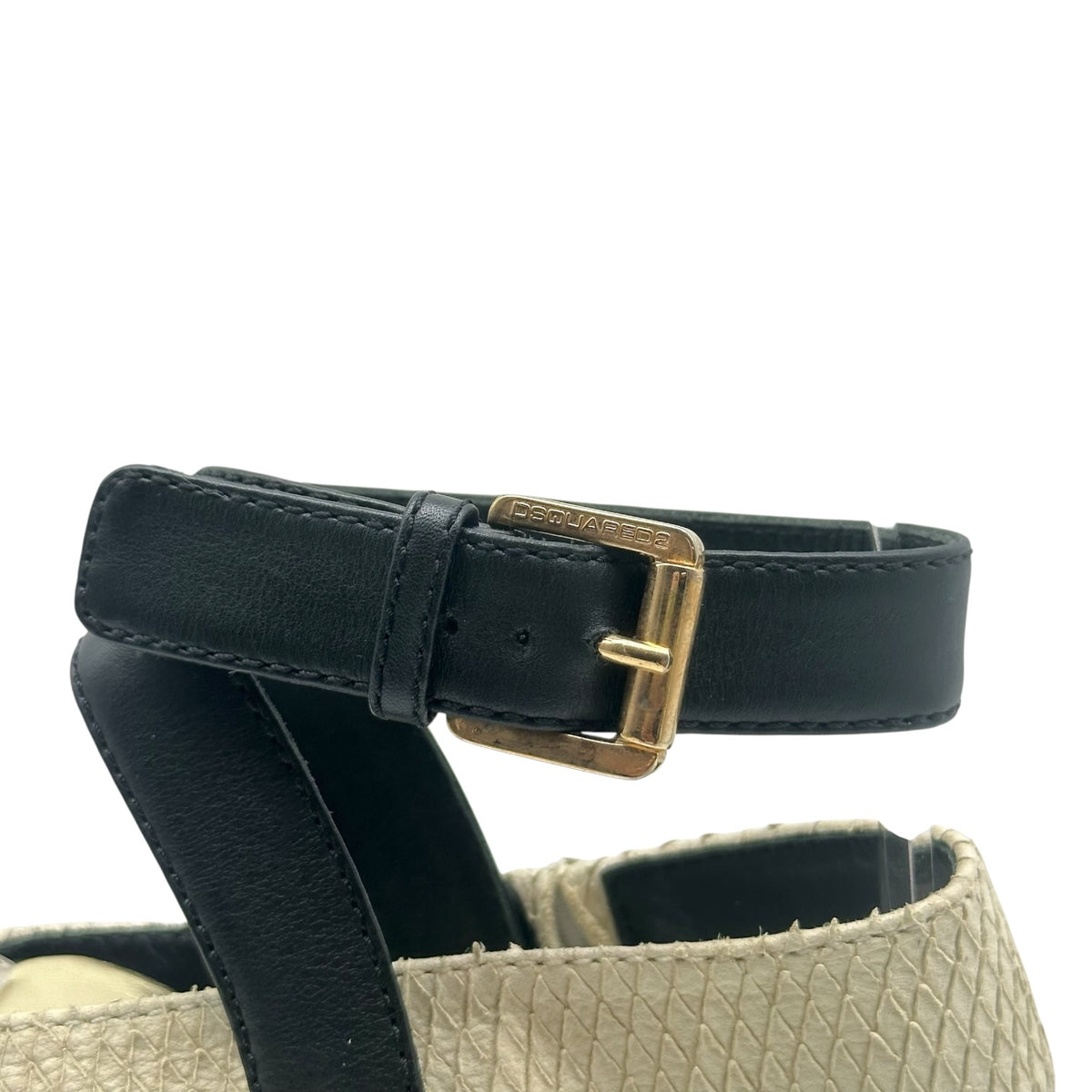 Dsquared2 Ivory Snakeskin Black Leather Platform Wedge Sandals