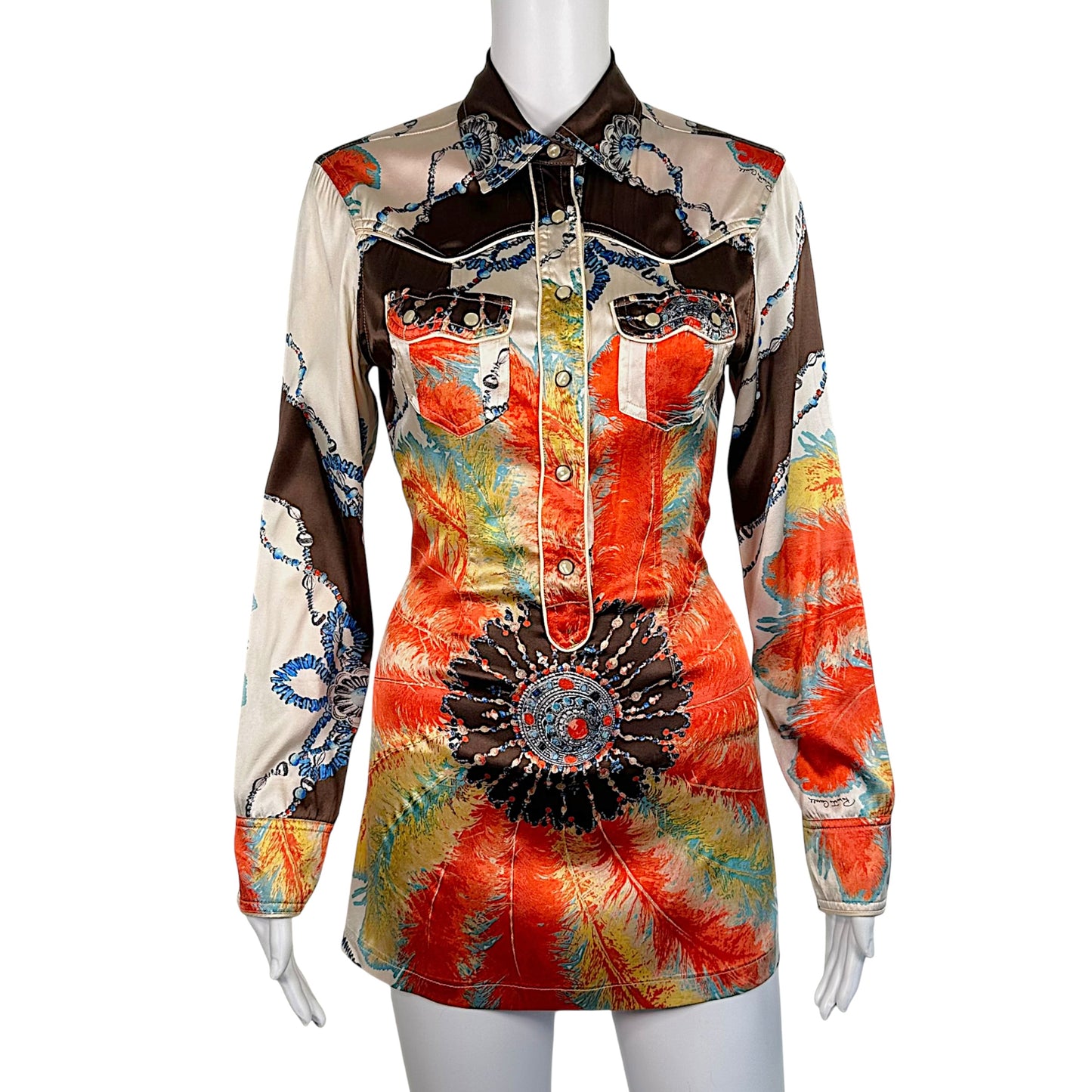 Roberto Cavalli S/S 2004 Multicolor Feather Print Silk Micro Mini Shirt Dress