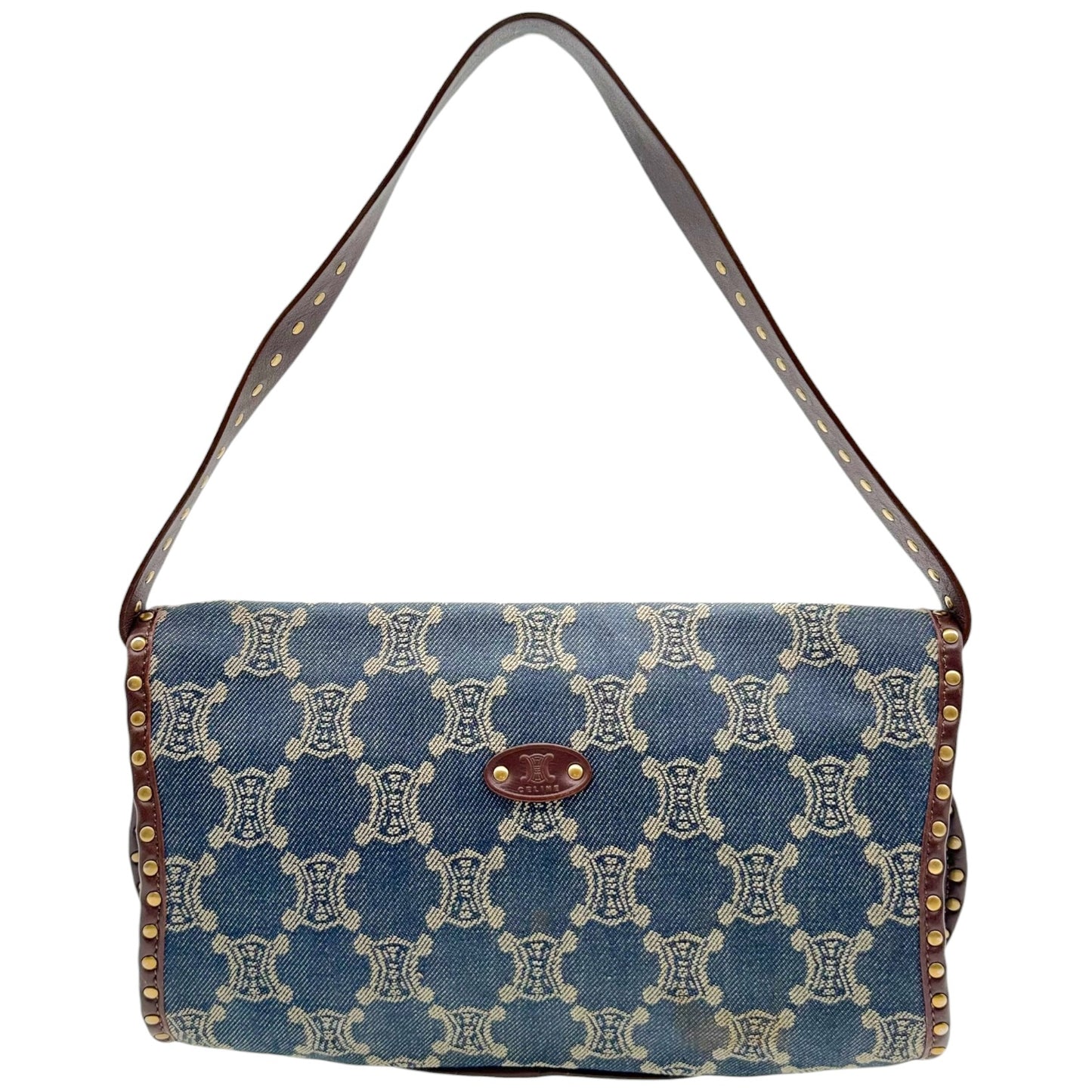 Celine Denim Shoulder Bag Triomphe Monogram Studded