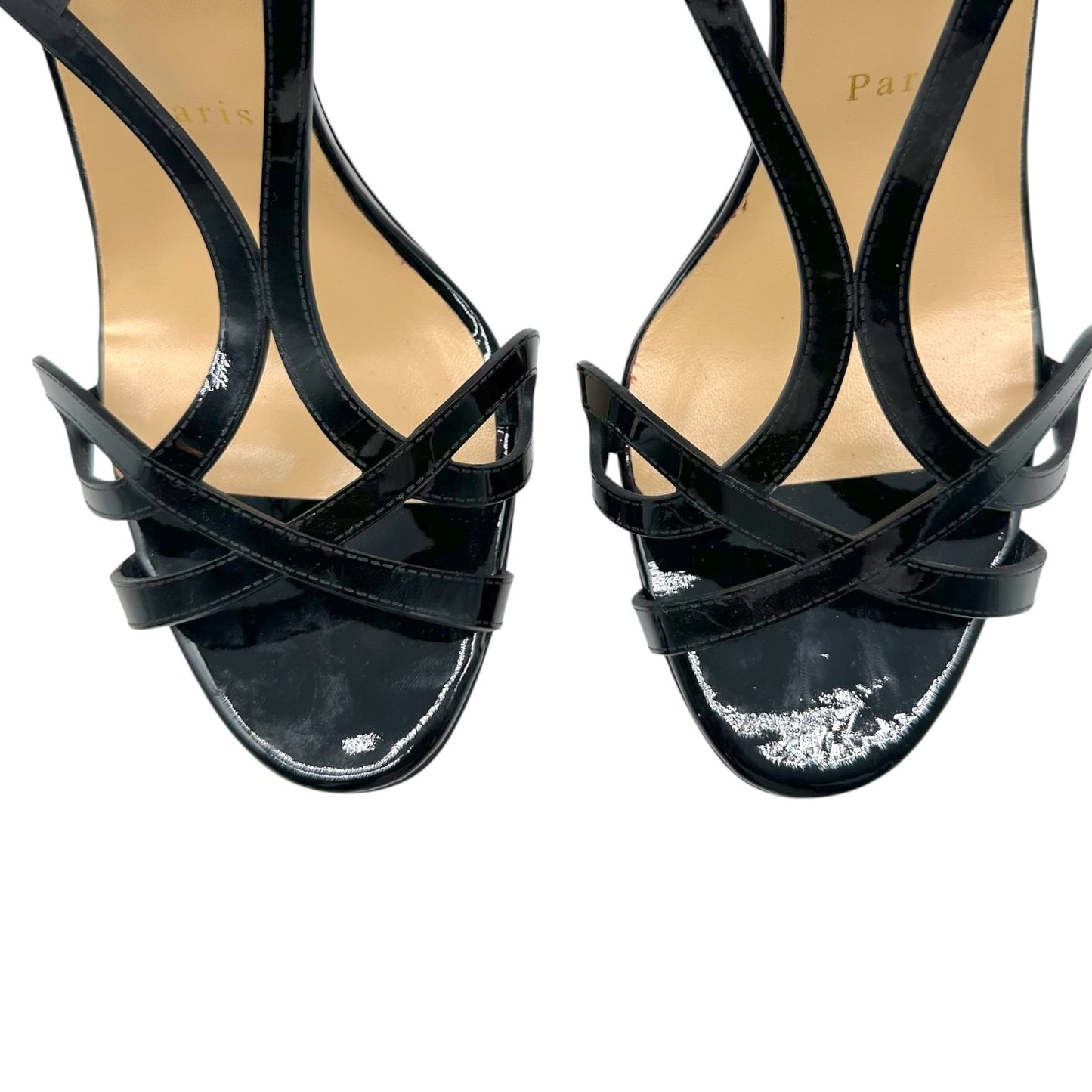 Christian Louboutin 'Double L' Black Strappy Patent Leather Sandal Stilettos