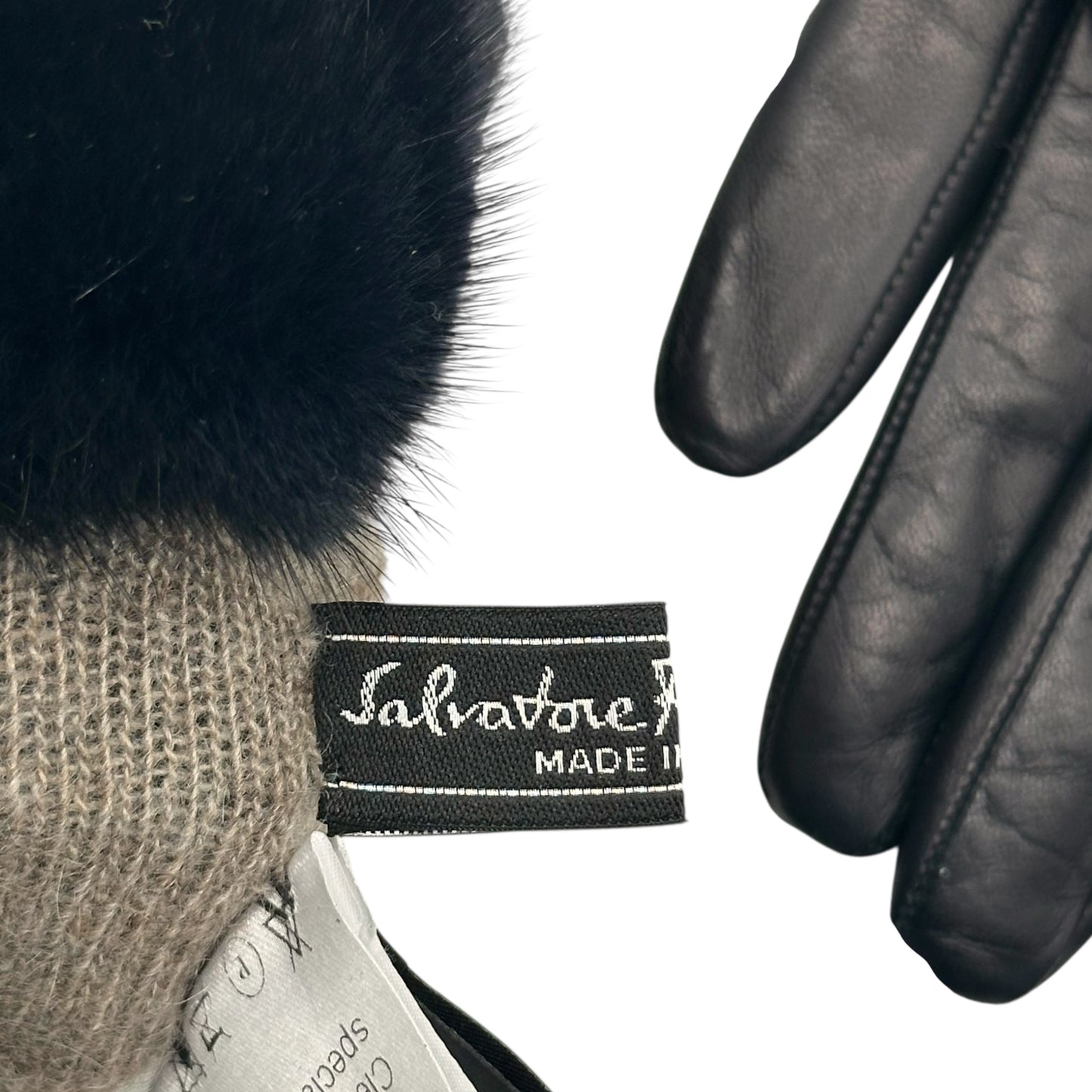 Salvatore Ferragamo Black Leather & Mink Gloves