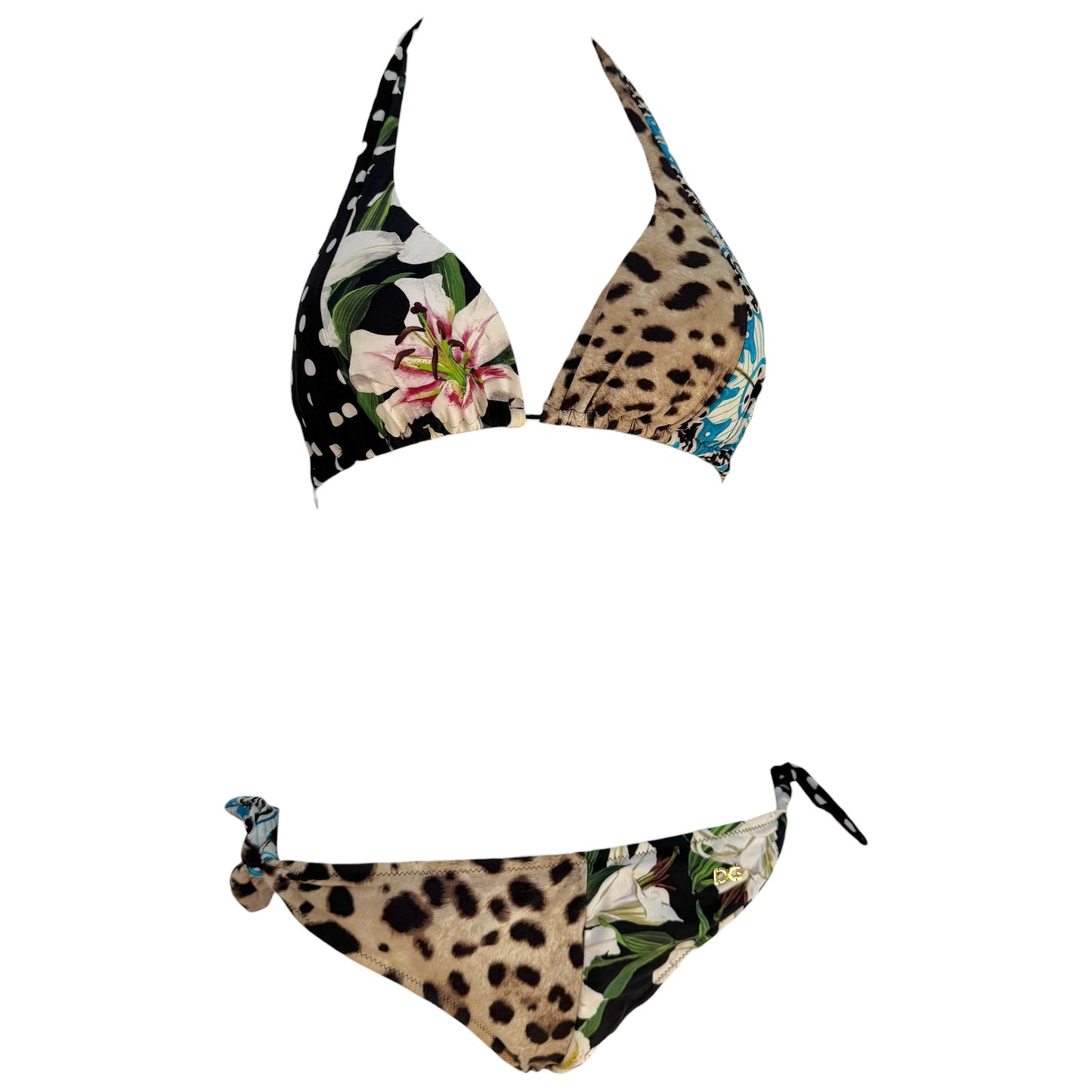 Dolce & Gabbana Leopard & Floral Print Triangle Tie Bikini Set