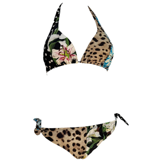 Dolce & Gabbana Leopard & Floral Print Triangle Tie Bikini Set