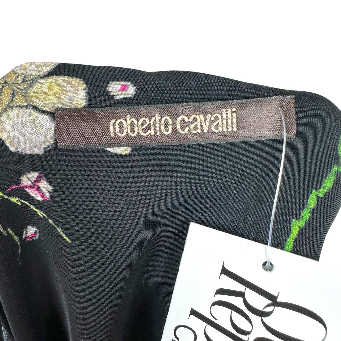 Roberto Cavalli Black Multicolor Floral & Snake Charm Plunge Neck 3/4 Sleeve Top