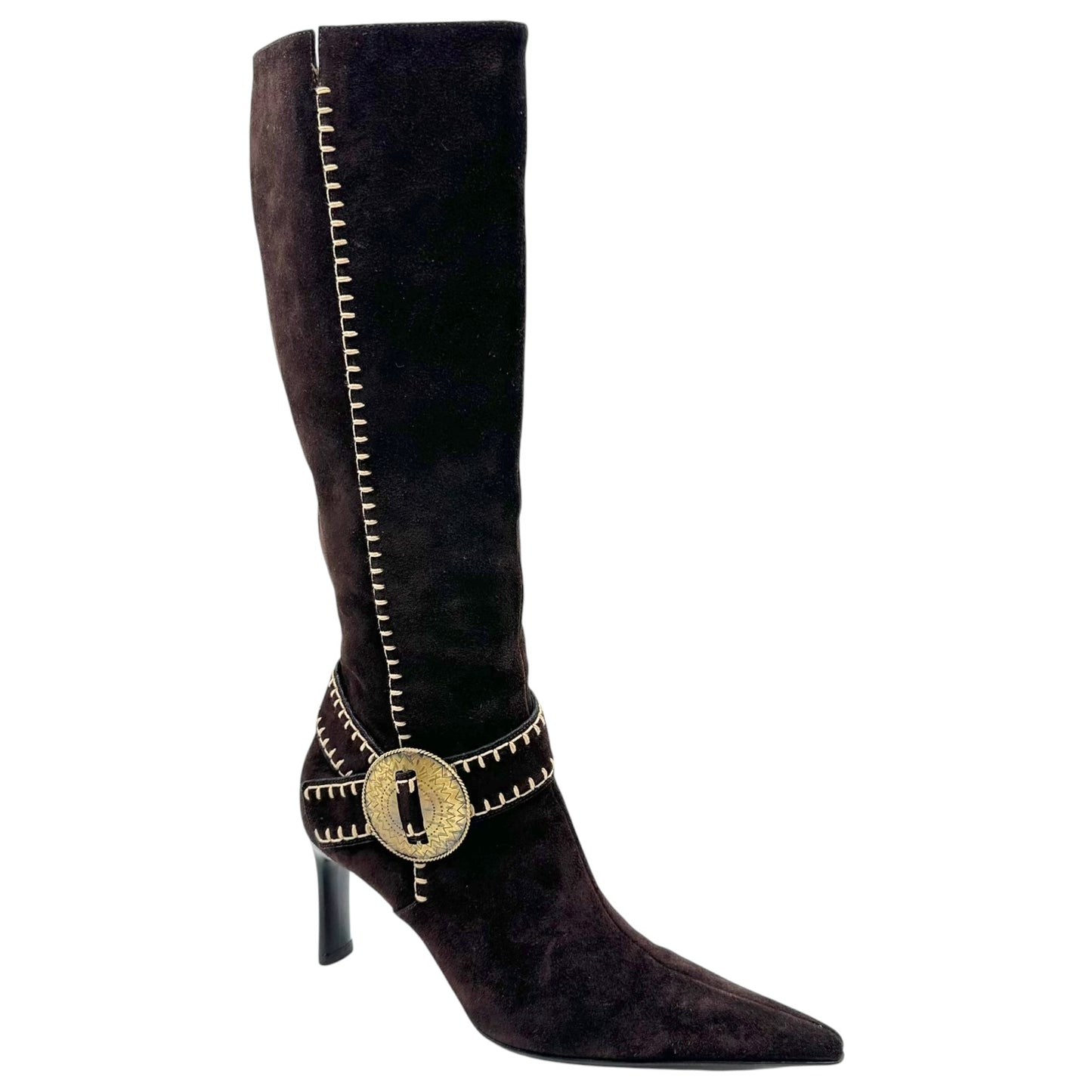Casadei Brown Suede Whipstitch Pointed Toe Heeled Boots