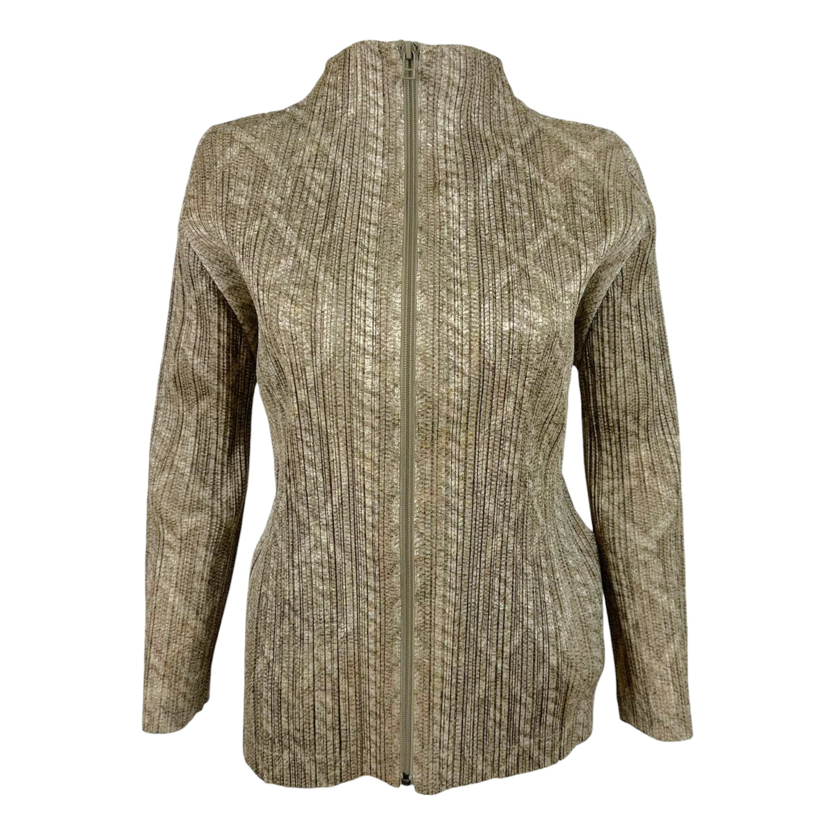 Issey Miyake Pleats Please Beige Cable Knit Print Pleated Zip Up Jacket Sz 3