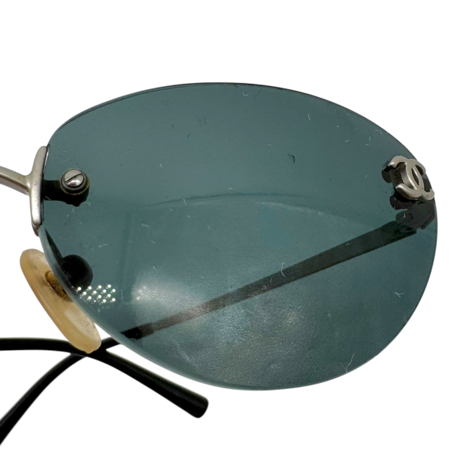 Chanel Rimless Oval Sunglasses Black Silver Logo