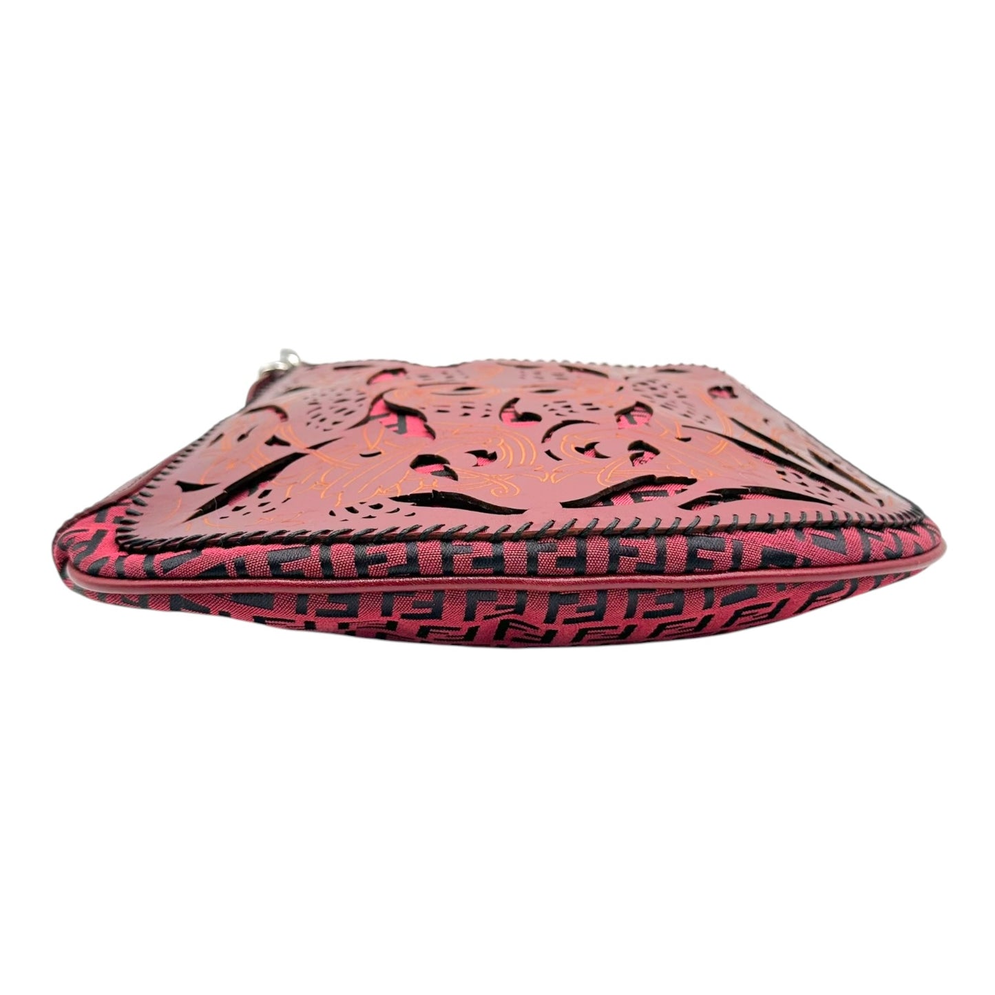 Fendi Red & Black Zucchino & Etched Leather Oyster Shoulder Bag