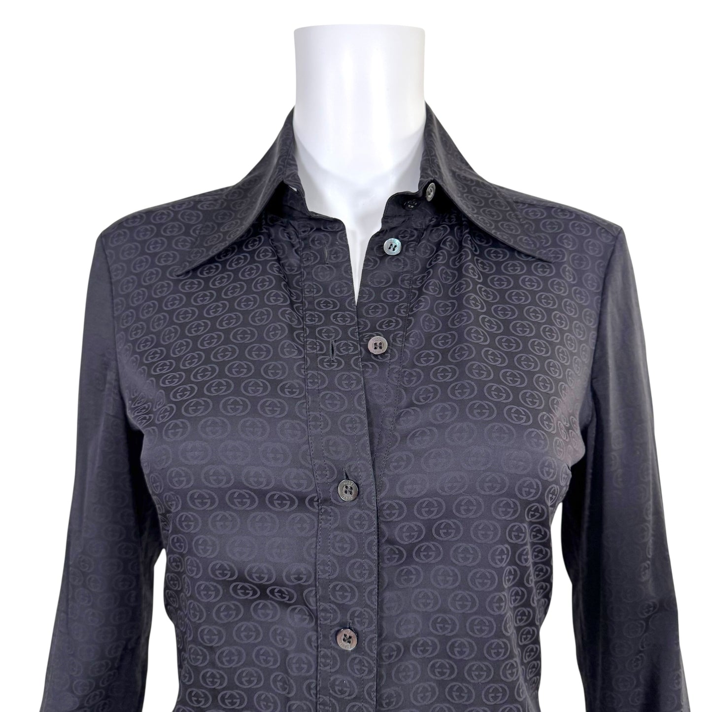 Gucci by Tom Ford F/W 2003 Black Logo Monogram Button Up Blouse - Outfit Repeater