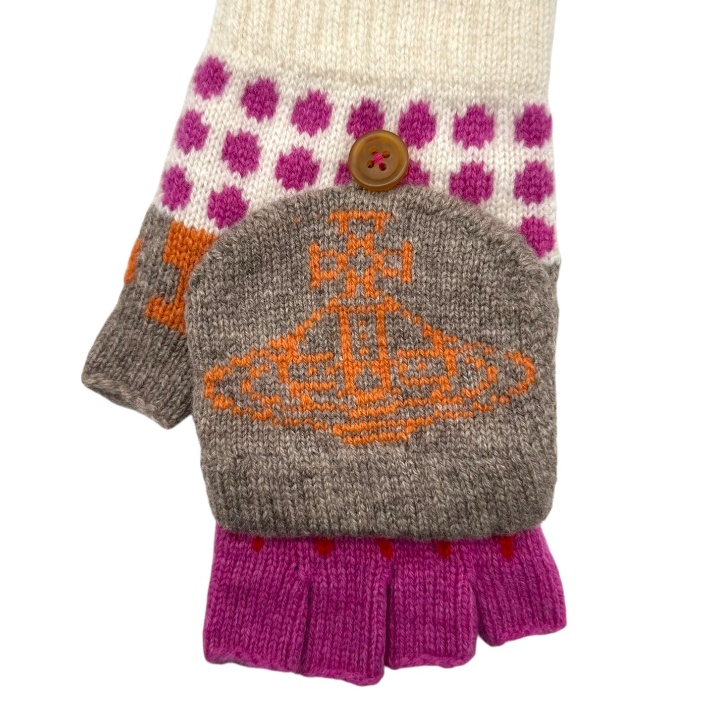 Vivienne Westwood White Pink & Gray Wool Logo Knit Mittens NEW