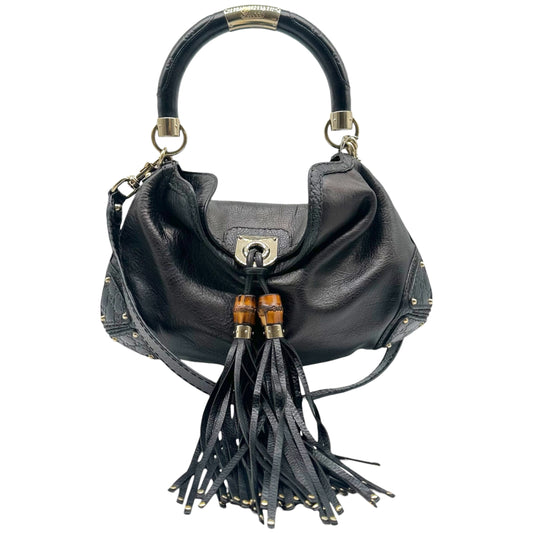 Gucci Black Leather Hobo Bag With Bamboo Fringe