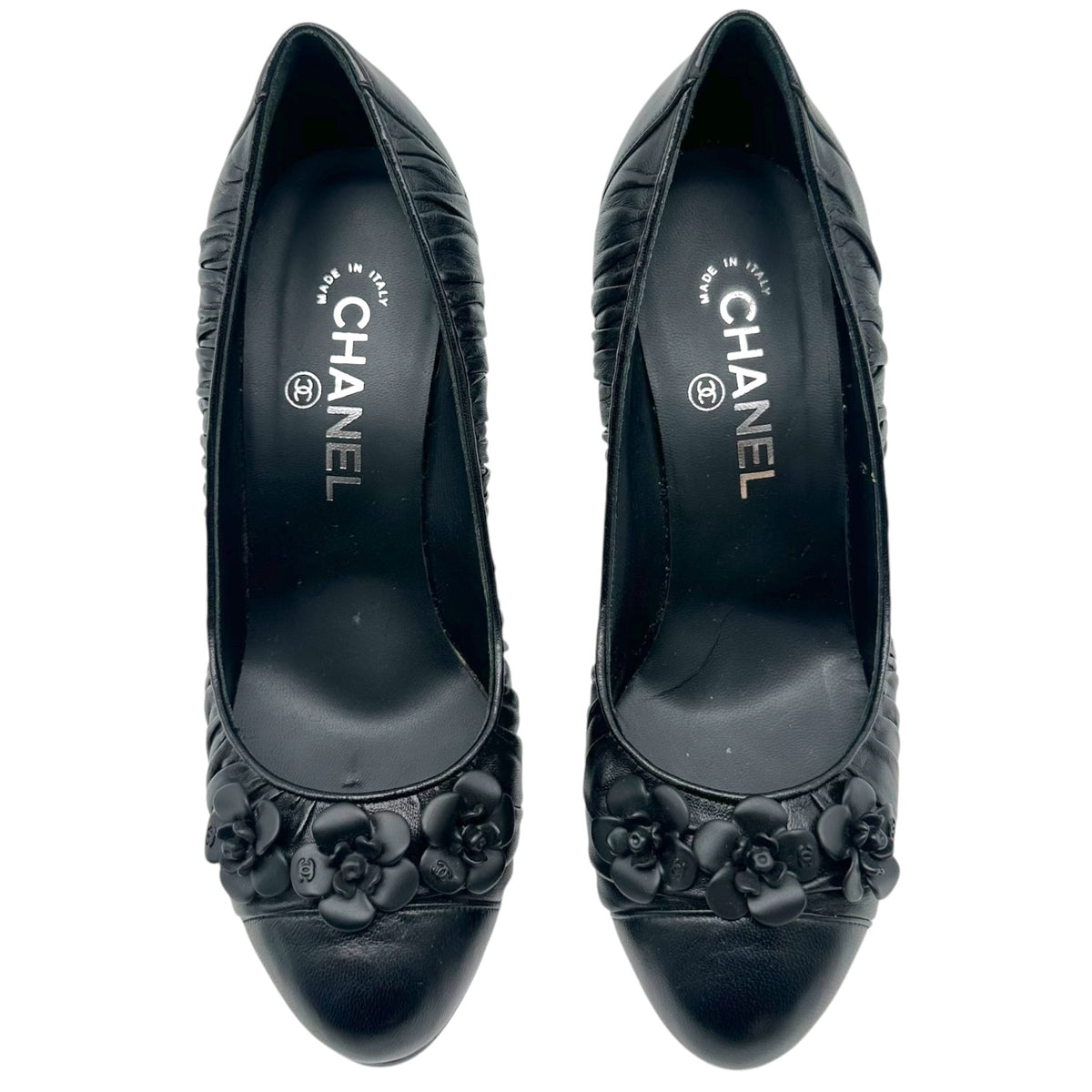 Chanel Black Ruched Leather Camellia Flower Pumps