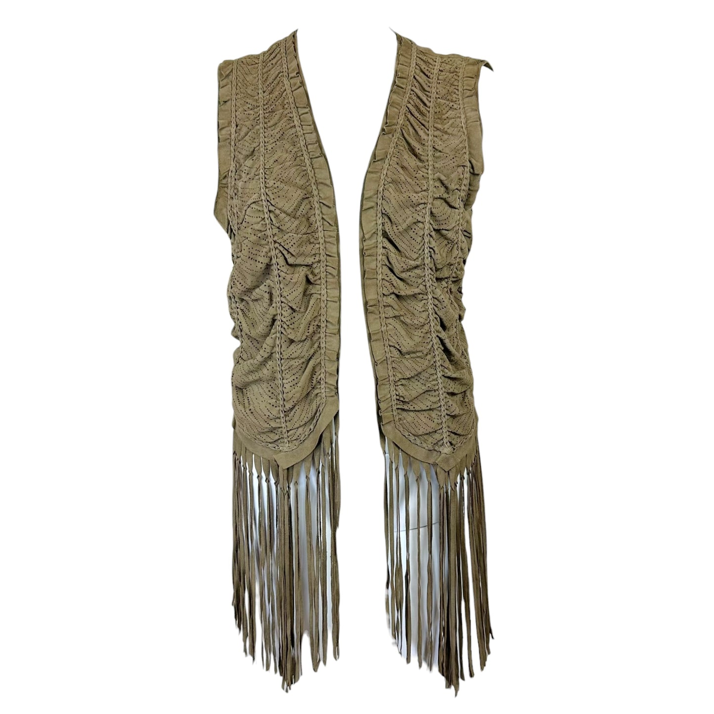 Roberto Cavalli Brown Perforated Suede Fringe Trim Cropped Vest