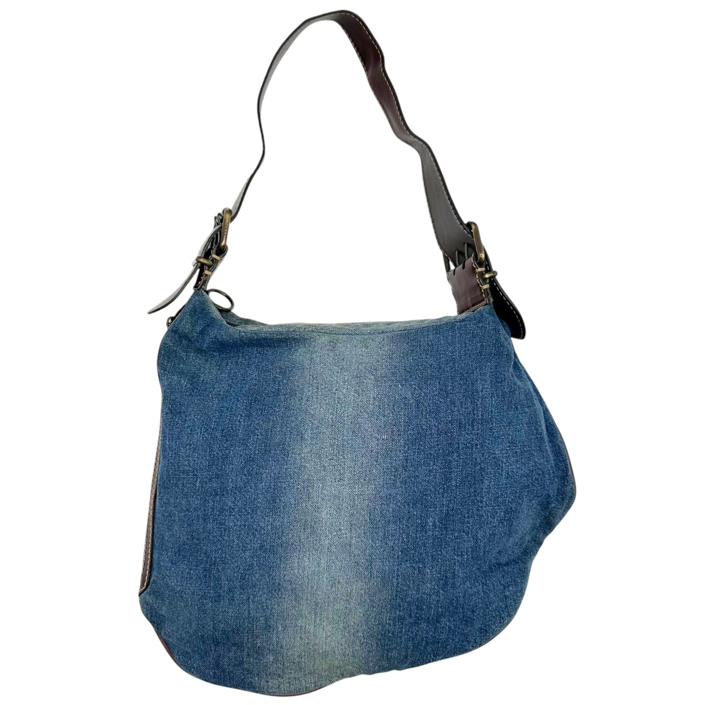 Fendi Denim & Brown Leather Large Oyster Shoulder Bag