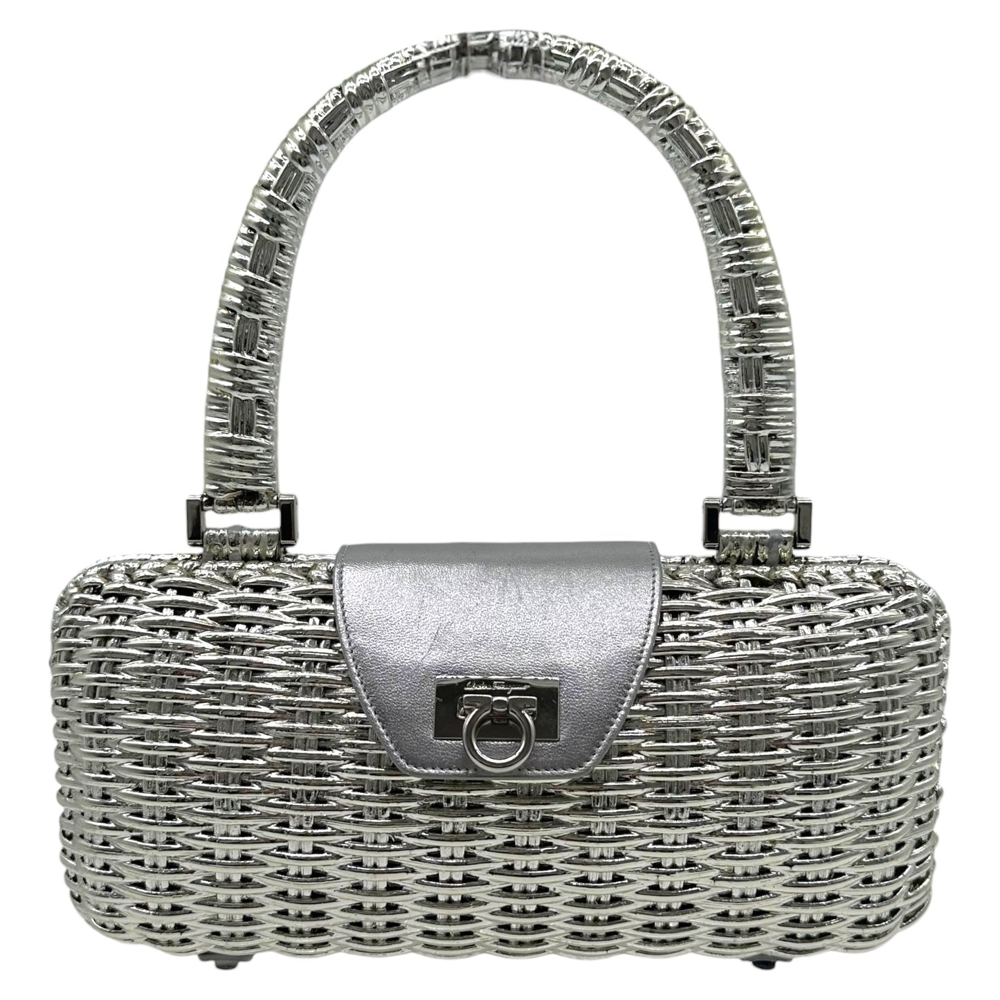 Salvatore Ferragamo Silver Metal 'Wicker' Gancini Clutch Bag