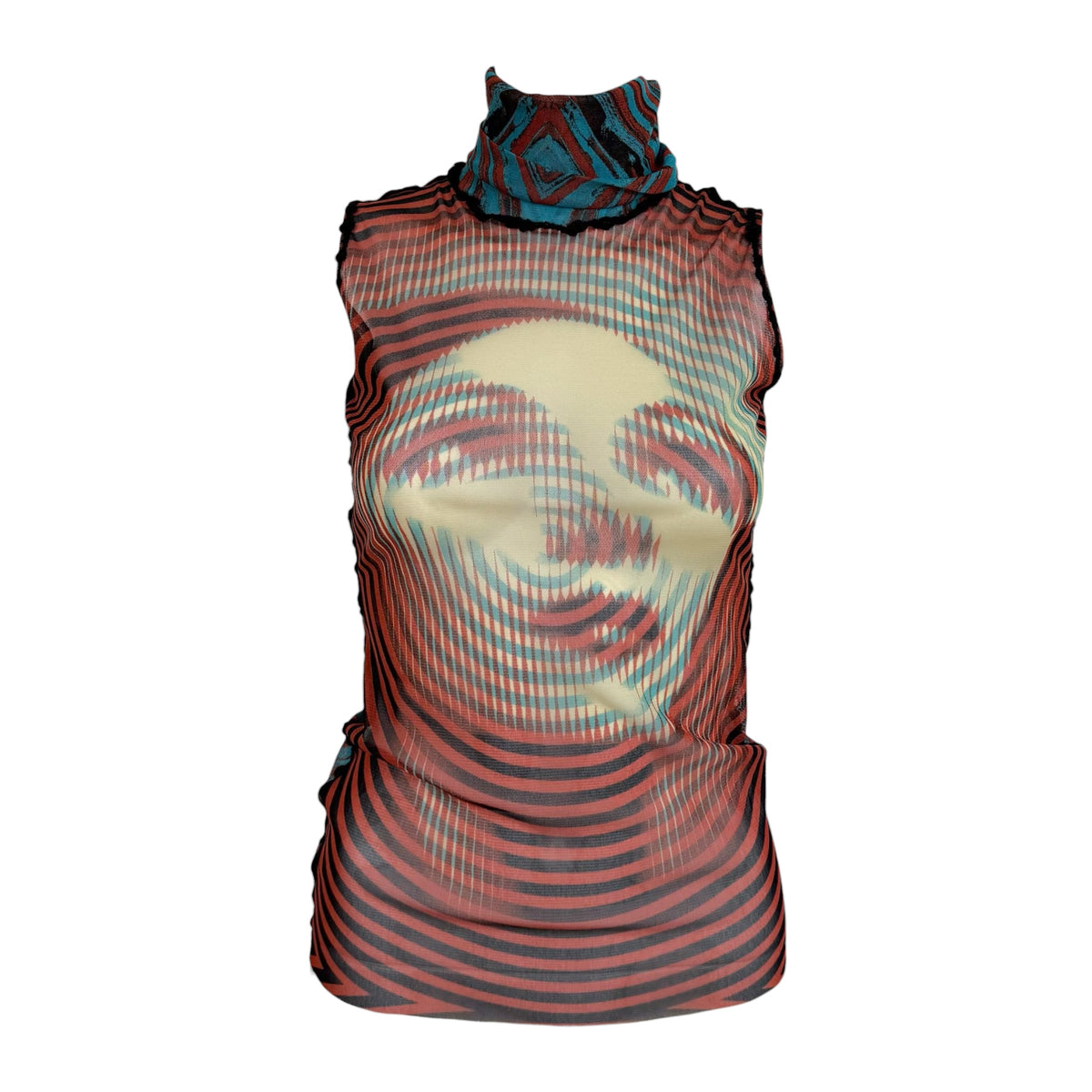 Jean Paul Gaultier F/W 2001 Marlene Dietrich Face Print Mesh Sleeveless Turtleneck Top