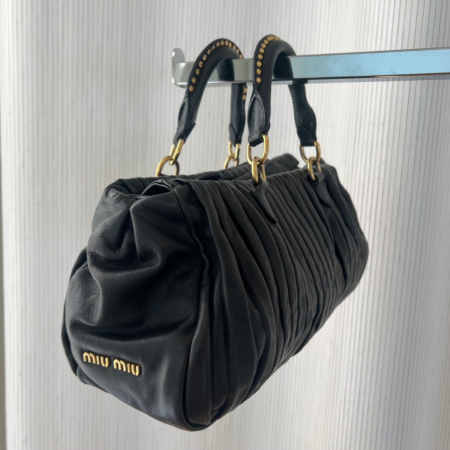 Miu Miu Black Pleated Leather 2-Way Bag