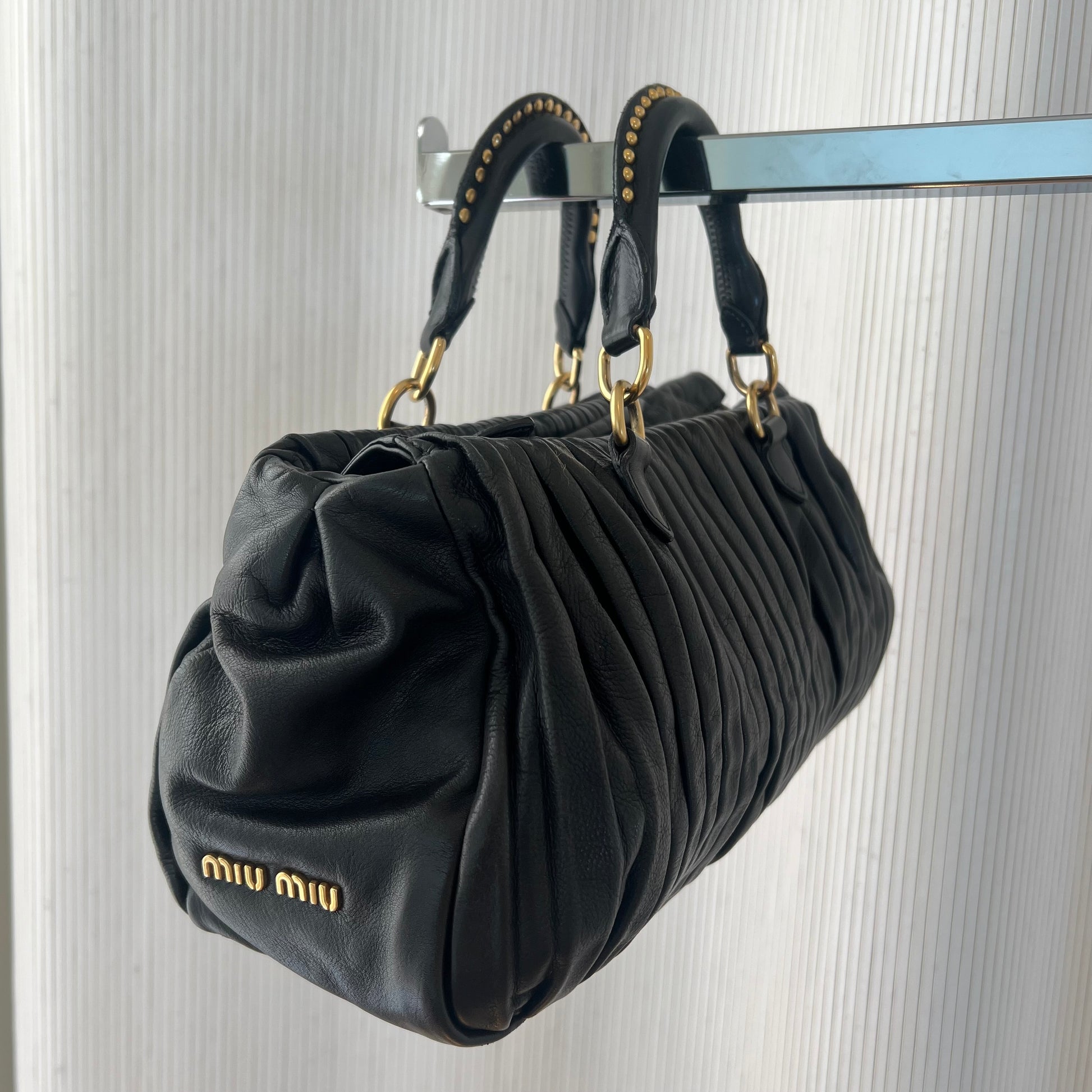Miu Miu Black Pleated Leather 2-Way Bag