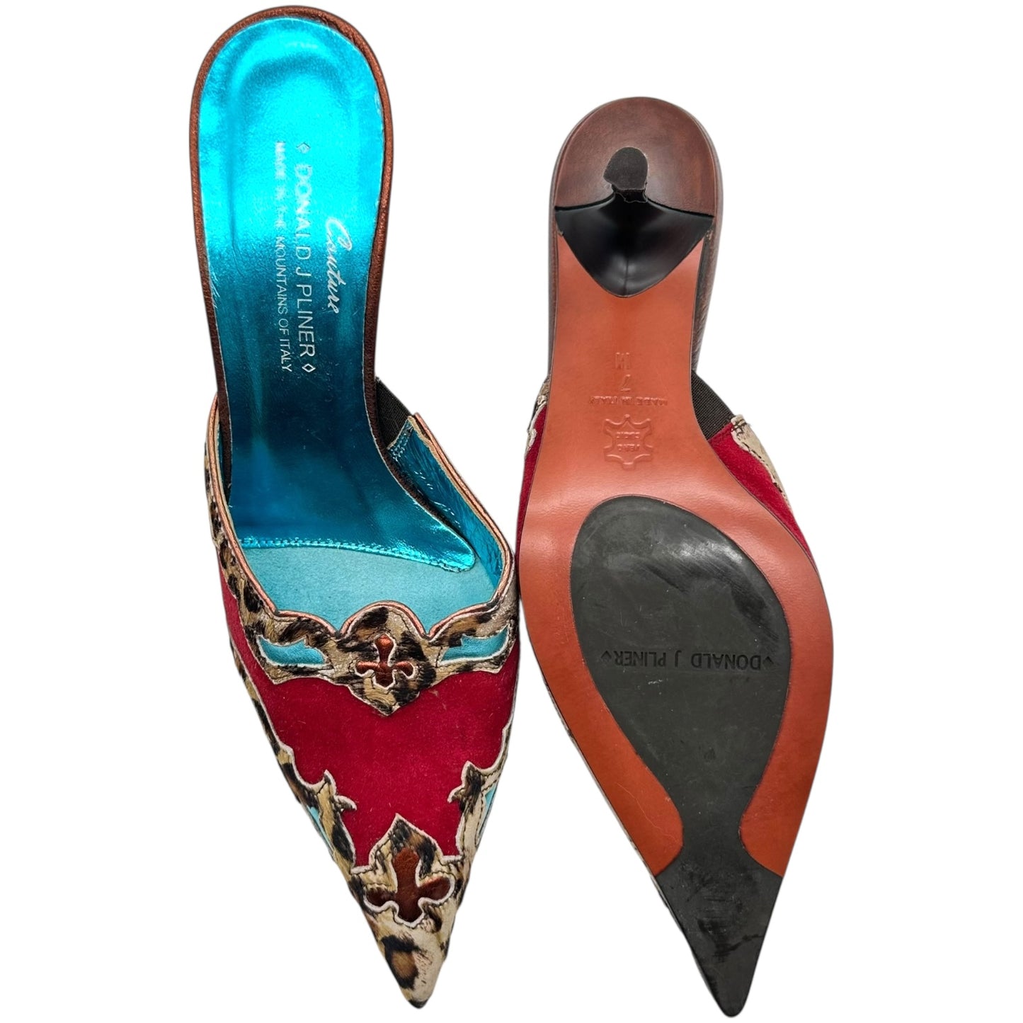 Donald Pliner Couture Red Suede Leopard Ponyhair Trim Mule Heels