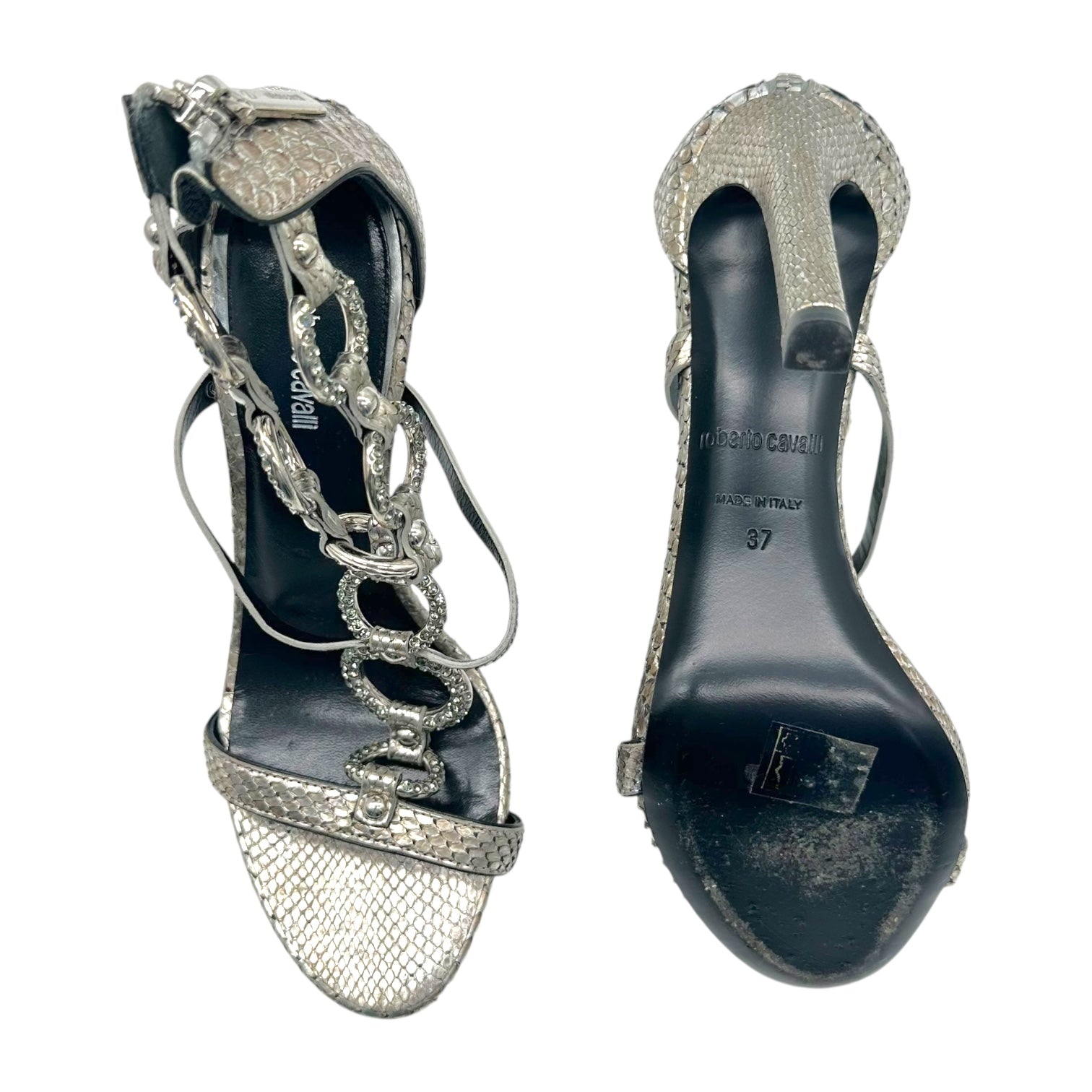 Roberto Cavalli Silver Python & Crystal Sandal Heels - Outfit Repeater