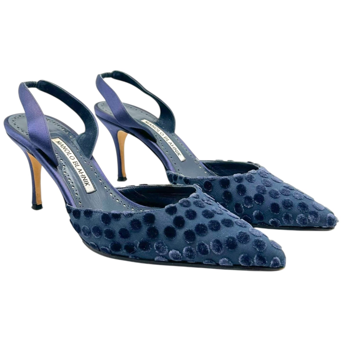 Manolo Blahnik Navy Blue Velvet Polka Dot Slingback Heels