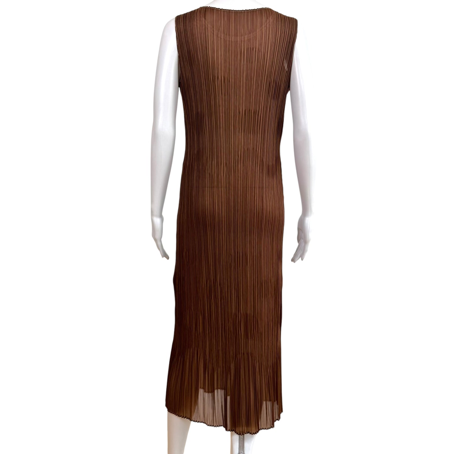 Issey Miyake Pleats Please Brown Circle Embossed Pleated Maxi Dress Sz 4