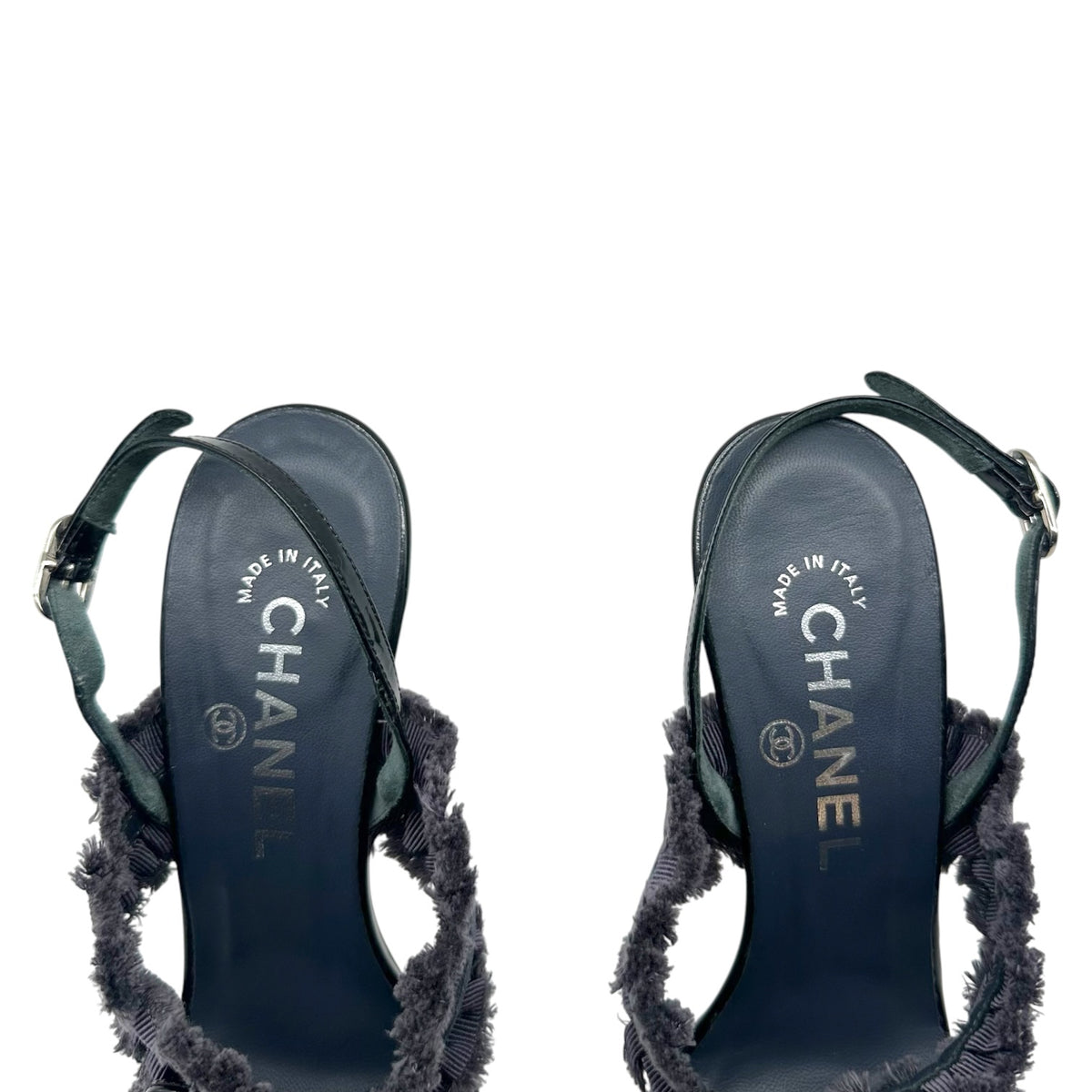 Chanel Dark Gray Ruffle & Bow Sandal Heels