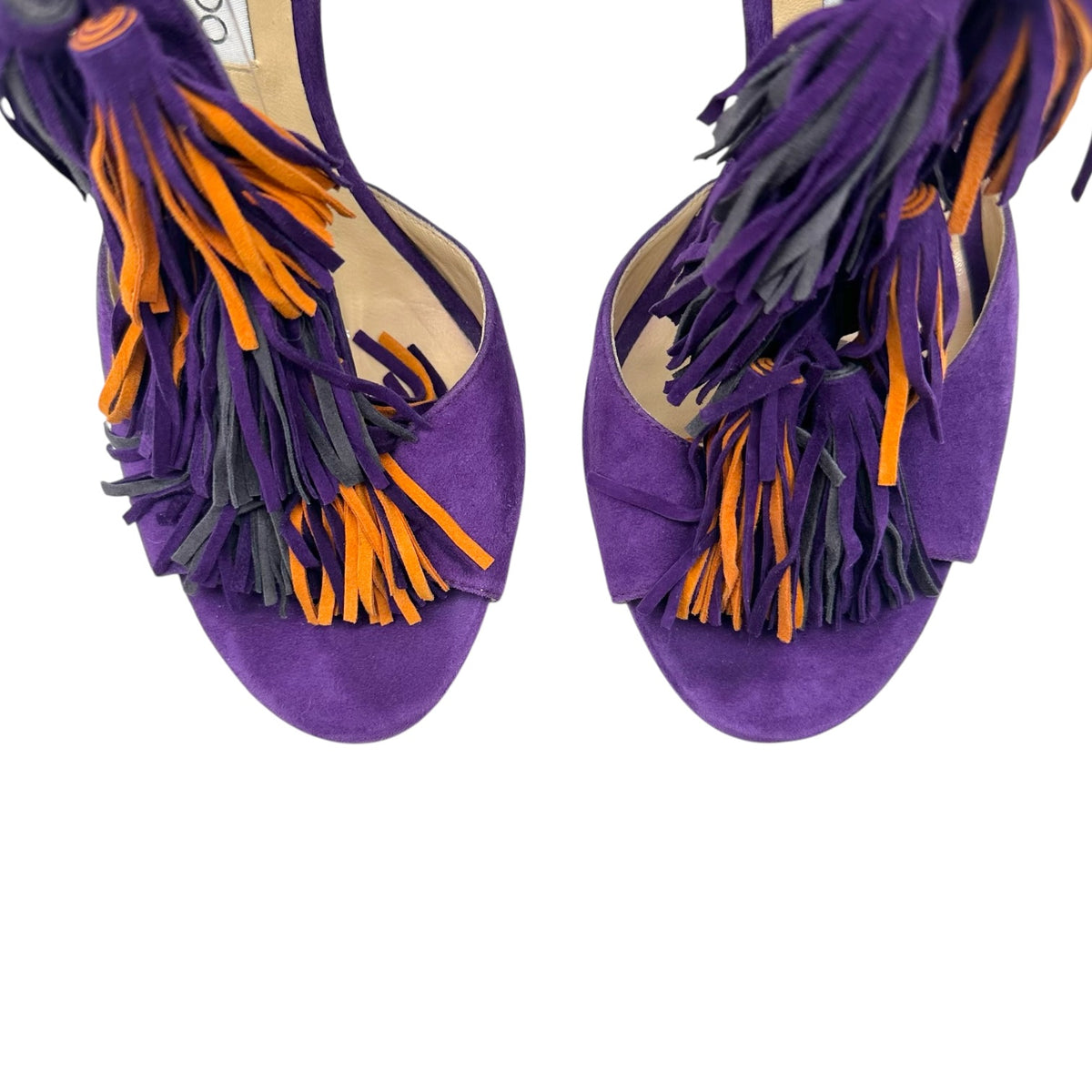 Jimmy Choo Purple Orange Suede Fringe Wrap Sandal Heels