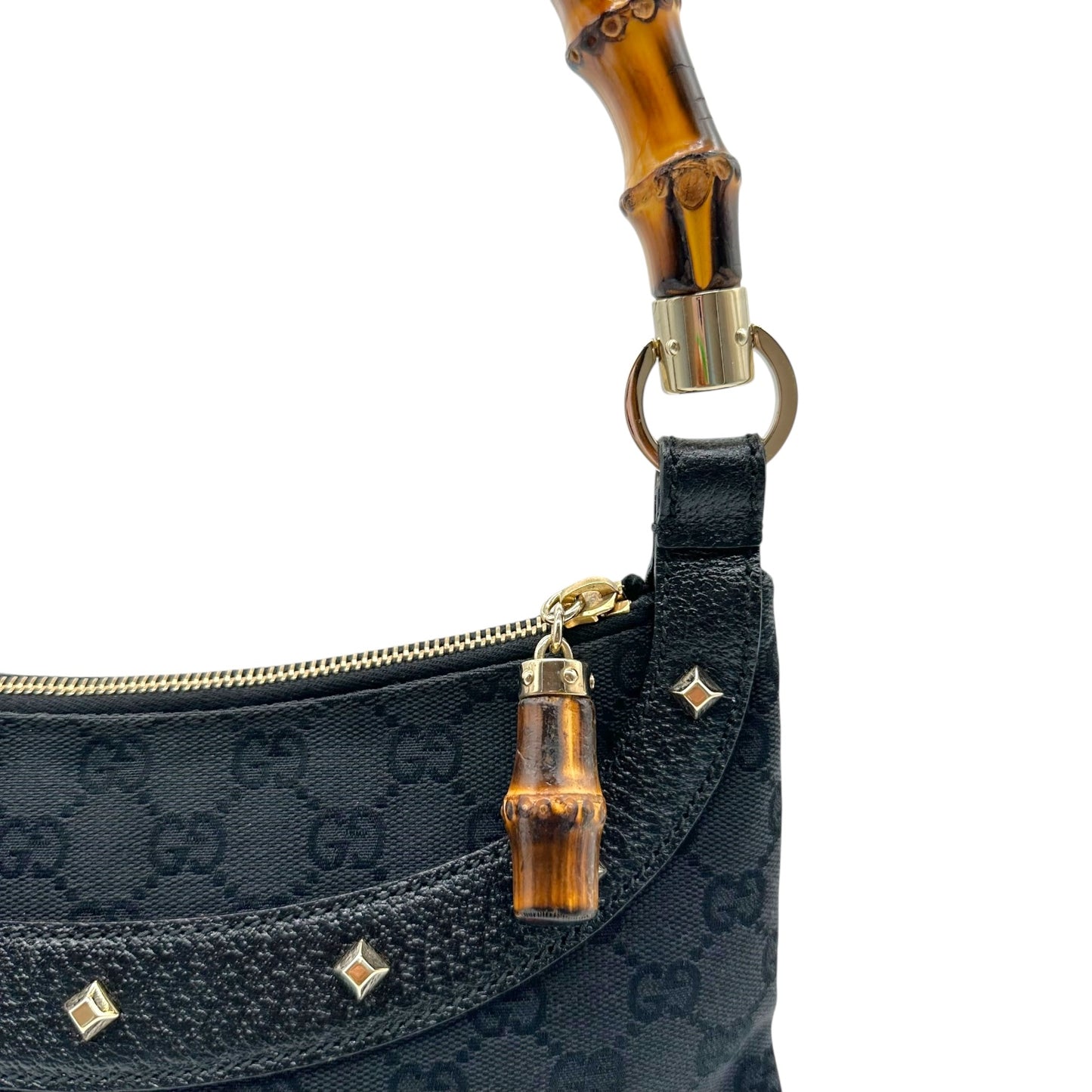 Gucci Black Monogram Canvas Bamboo Handle Shoulder Bag