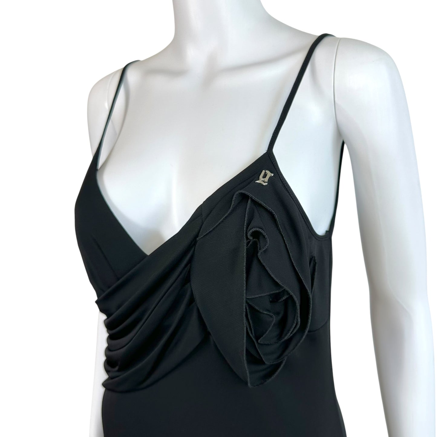 Galliano Black Mini Dress Rosette Applique V-Neck