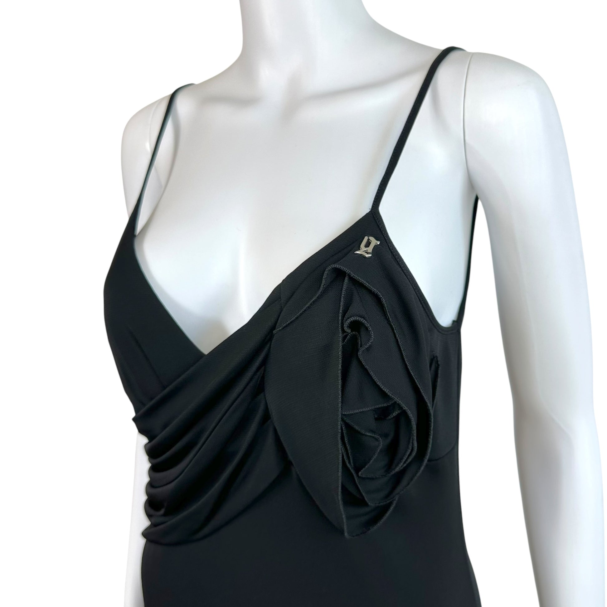 Galliano Black Mini Dress Rosette Applique V-Neck