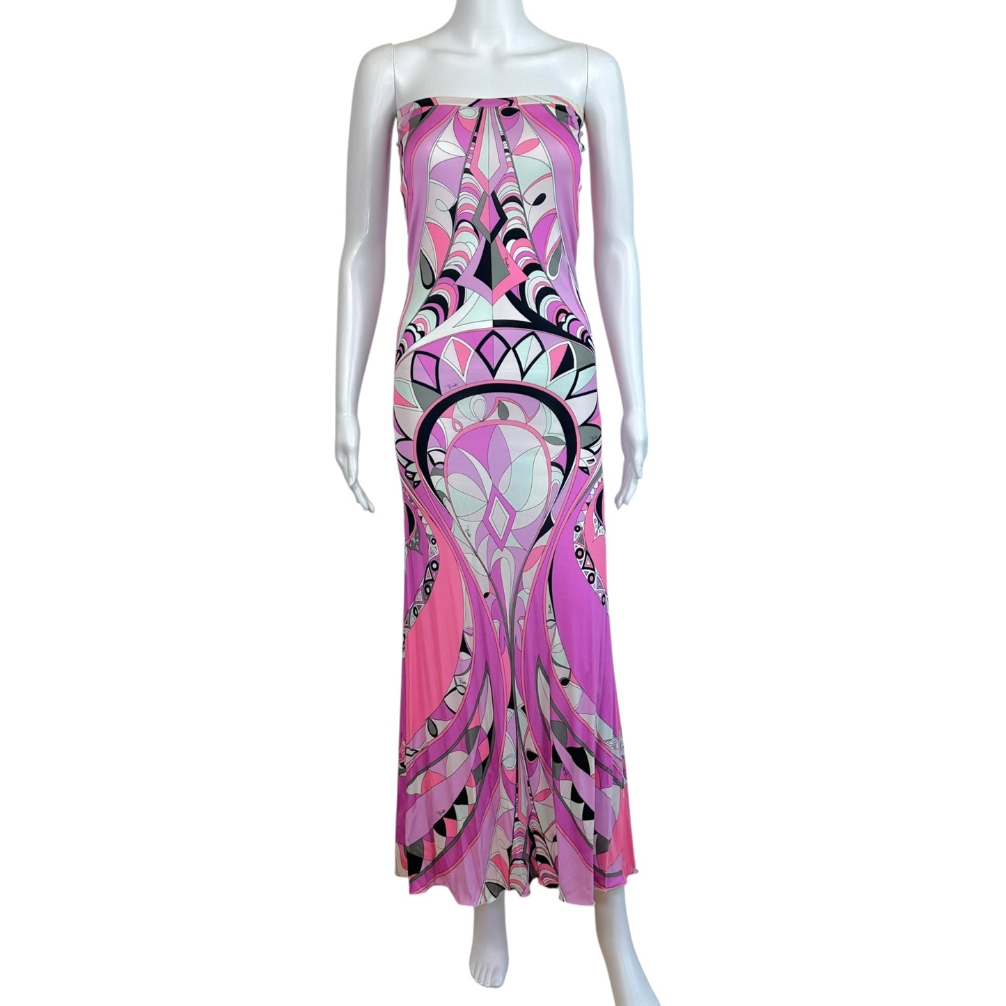Emilio Pucci Pink & Purple Printed Silk Knit Strapless Maxi Dress