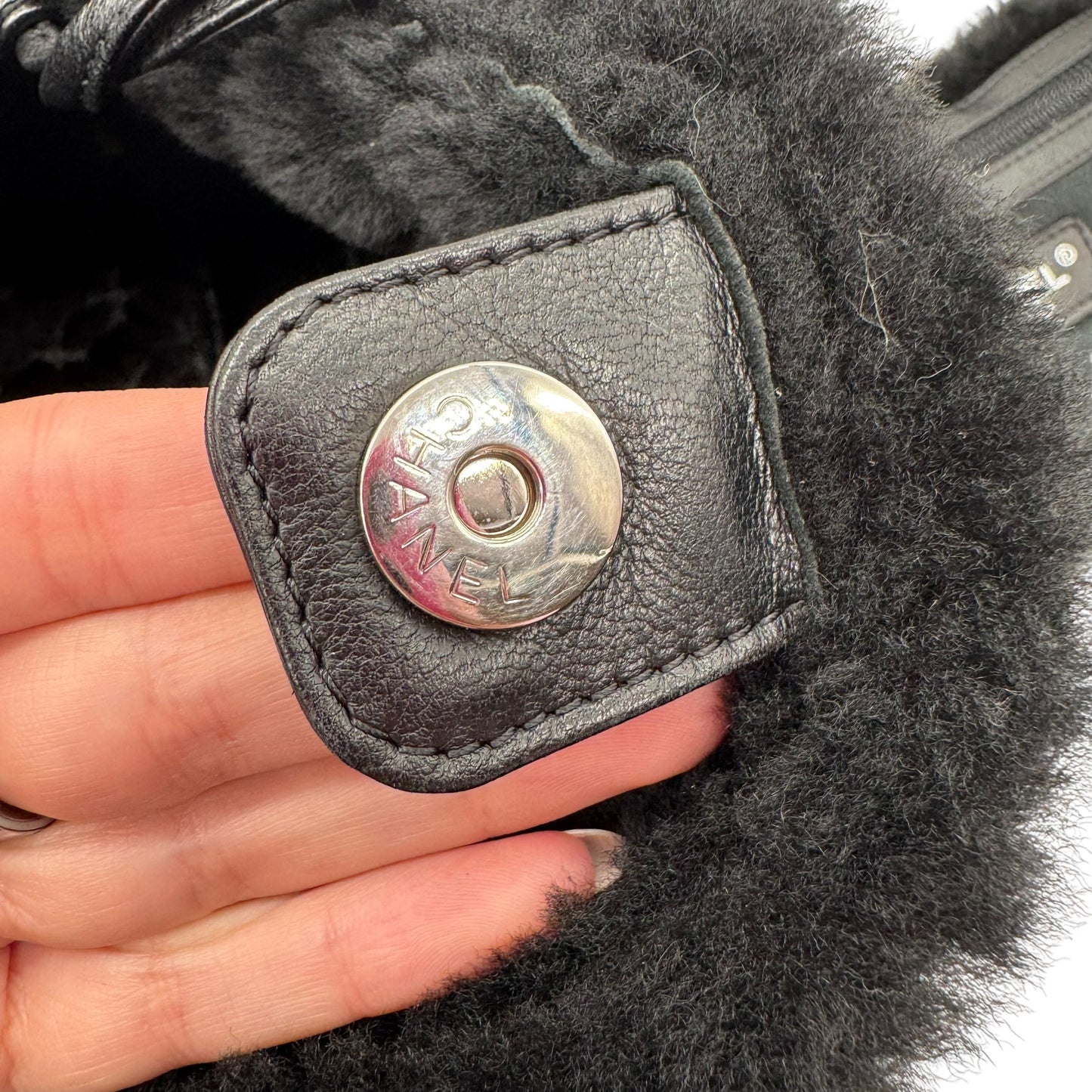 Chanel Black Shearling Quilted Logo Shoulder Bag 2005-06 - Outfit Repeater