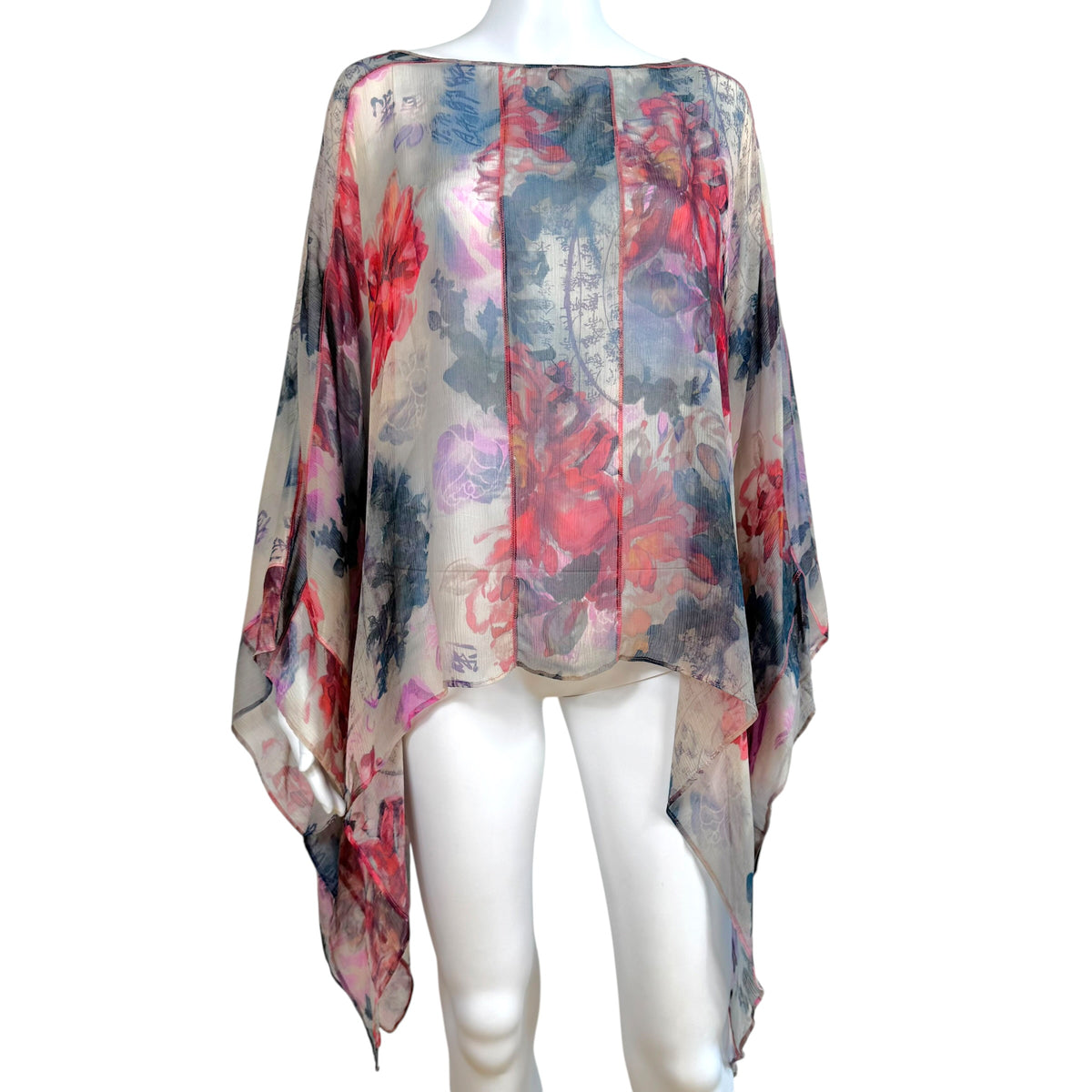 Galliano Sheer Silk Floral Blouse Top Gray Multi XS