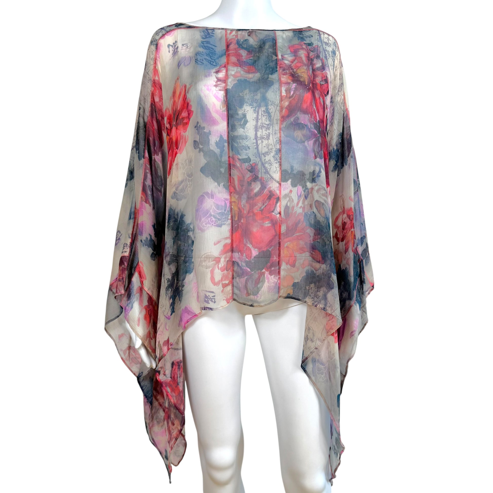 Galliano Sheer Silk Floral Blouse Top Gray Multi XS