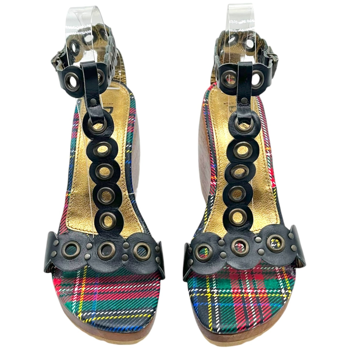 D&G Wooden Platform Heels Plaid Red Blue Green