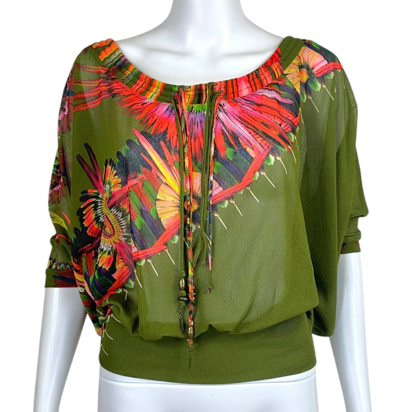 Jean Paul Gaultier Soleil Olive Green Multi Tropical Print Mesh Off-Shoulder Dolman Top