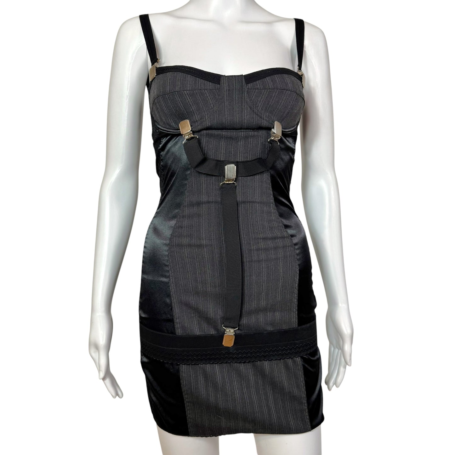 Dolce & Gabbana Pinstripe Suspender Mini Dress Black Gray