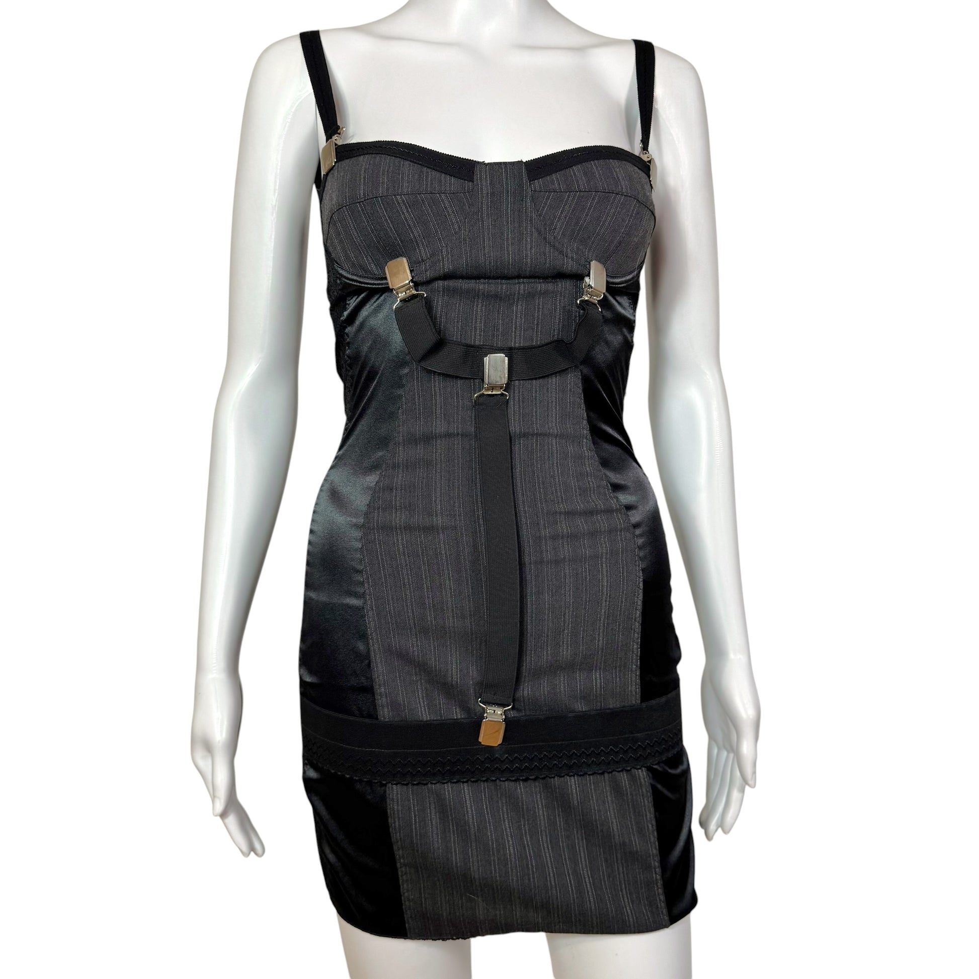 Dolce & Gabbana Pinstripe Suspender Mini Dress Black Gray