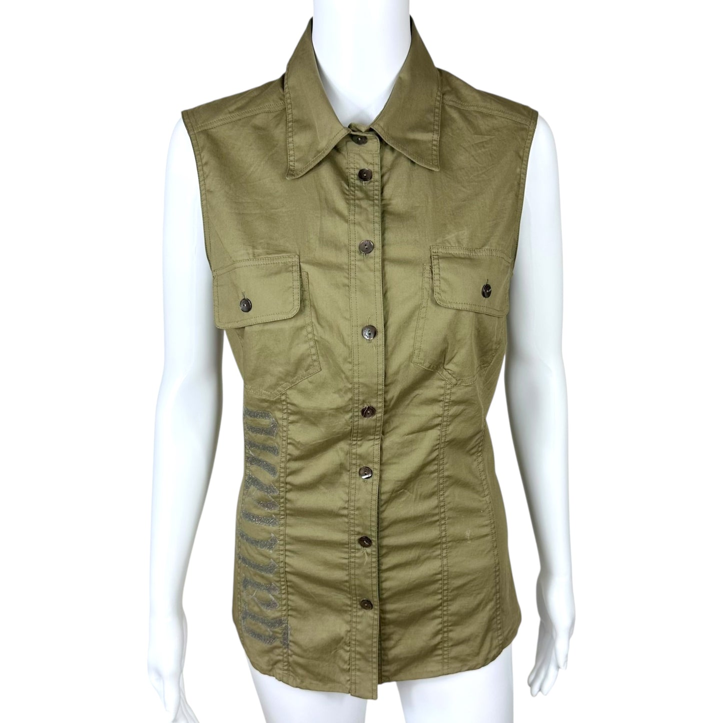 Galliano Khaki Green Button Up Logo Blouse