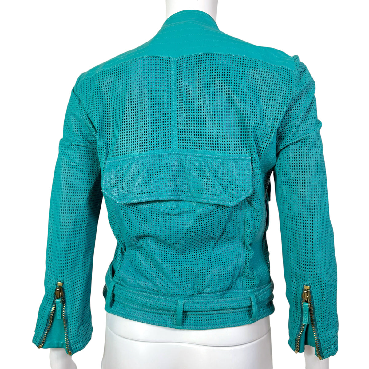 Gucci Cropped Turquoise Perforated Leather Jacket