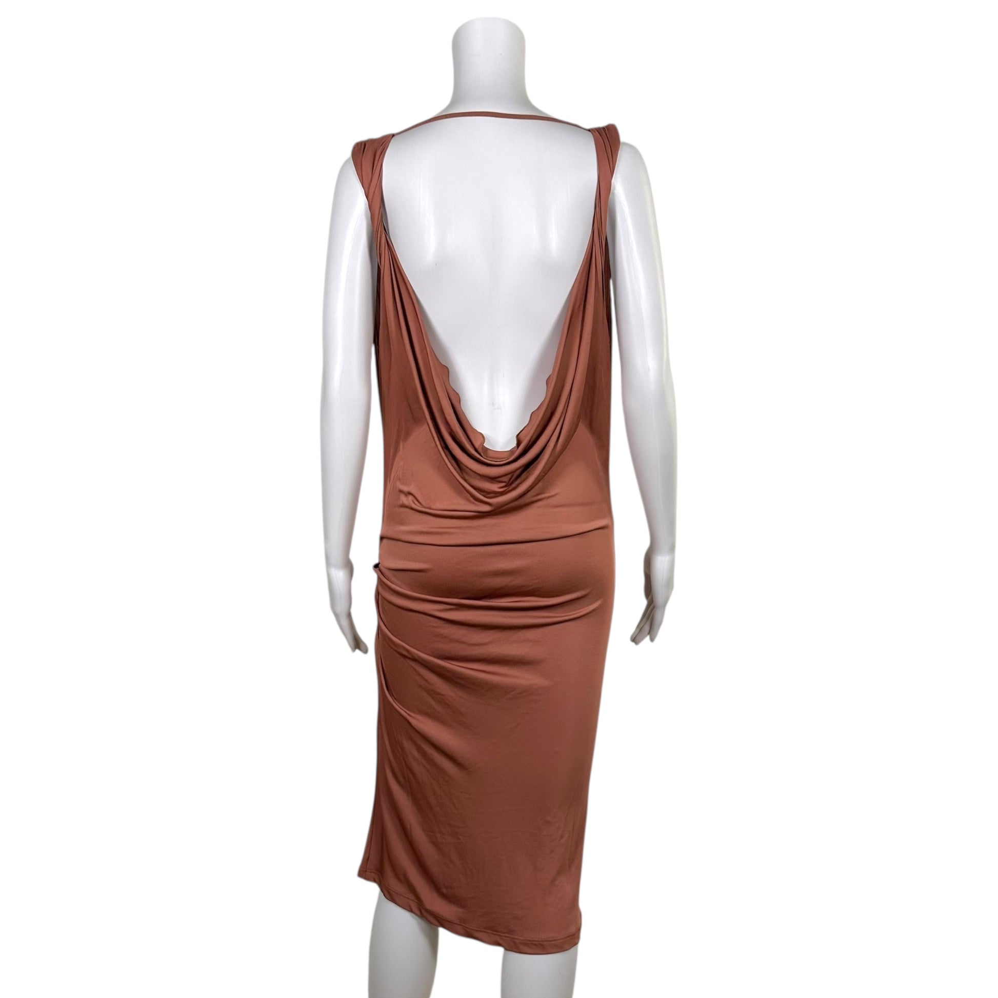 Galliano Midi Dress Terracotta Cowl Neck Open Back