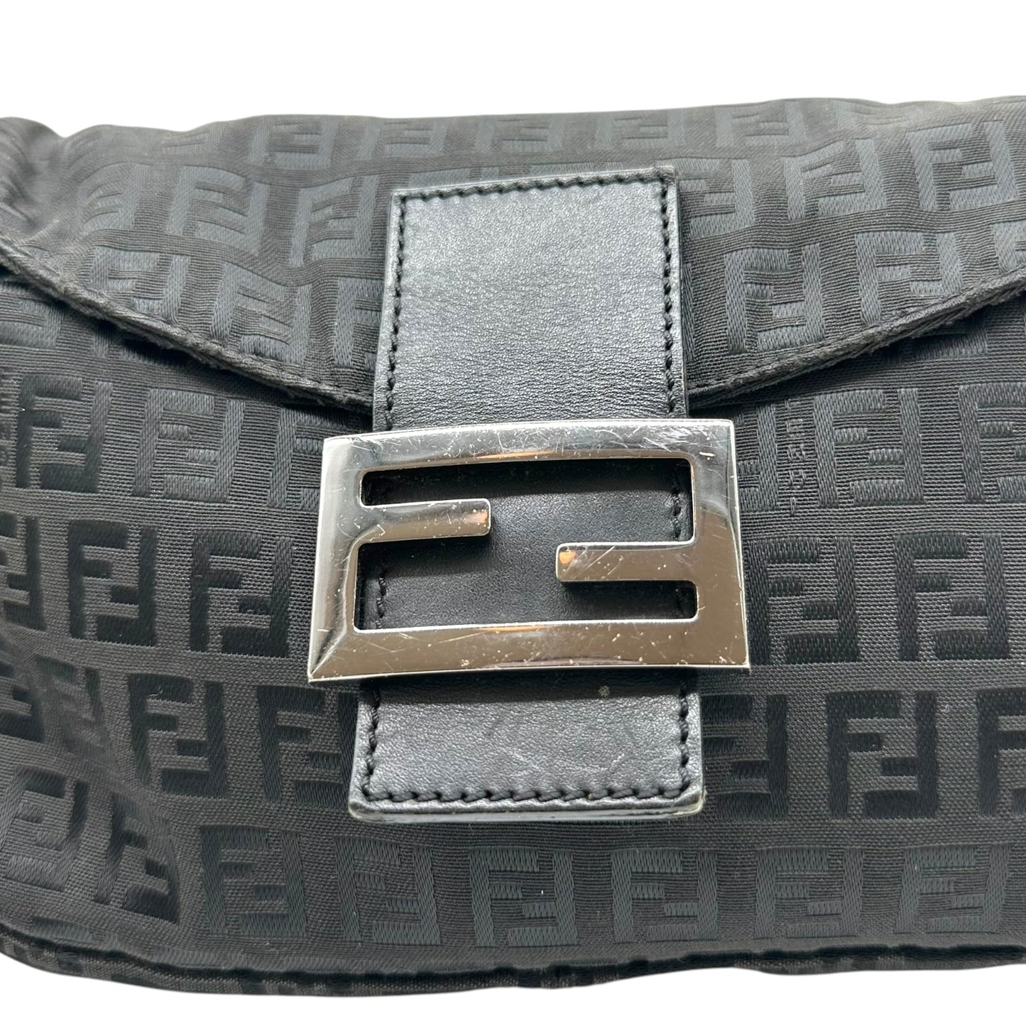 Fendi Black Zucchino Monogram Fold-Over Baguette Bag