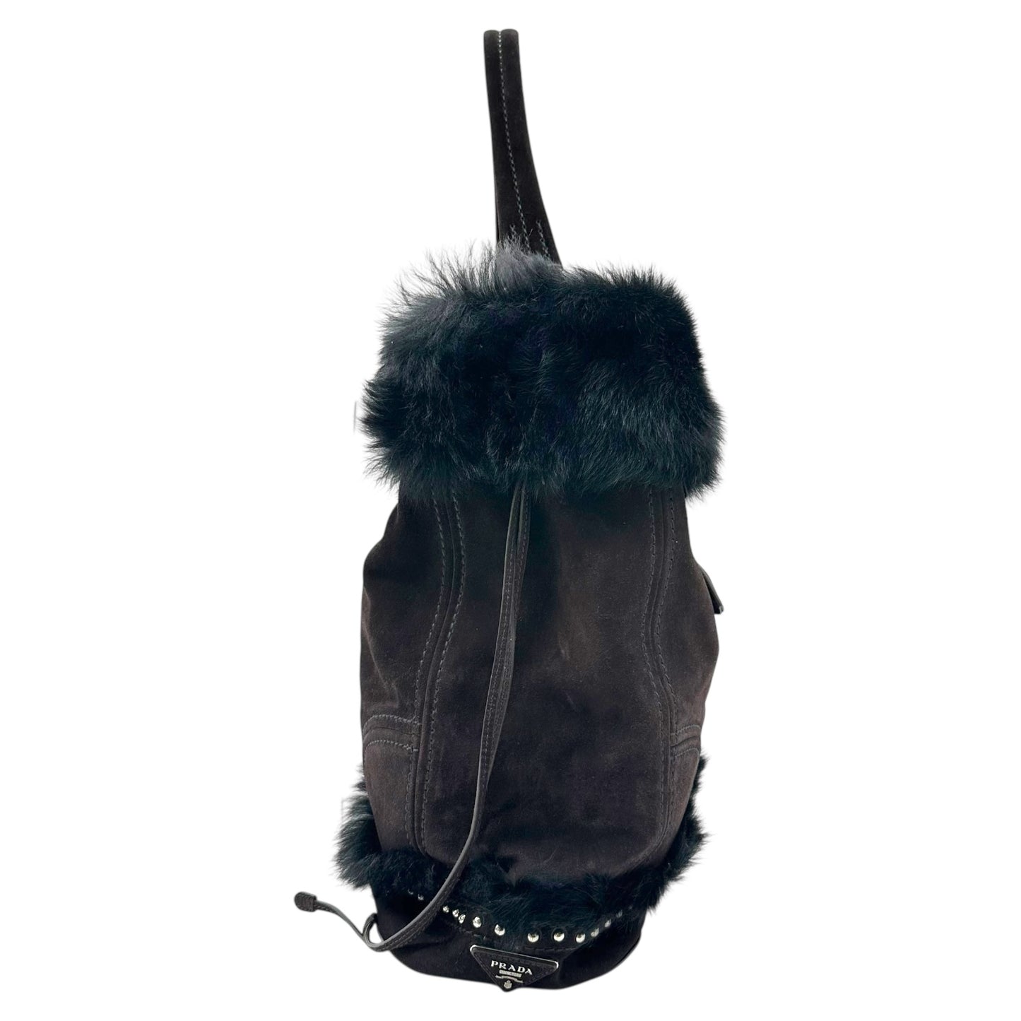 Prada Black Shearling & Fur Studded Hobo Bag