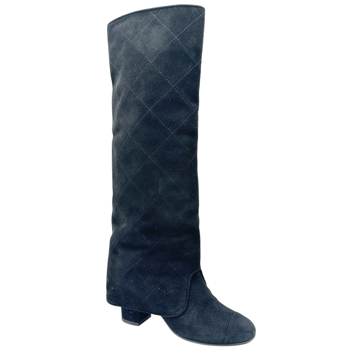 Chanel Black Suede Knee High Heeled Boots