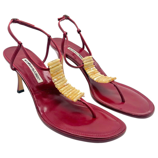 Manolo Blahnik Red Leather Thong Heeled Sandals