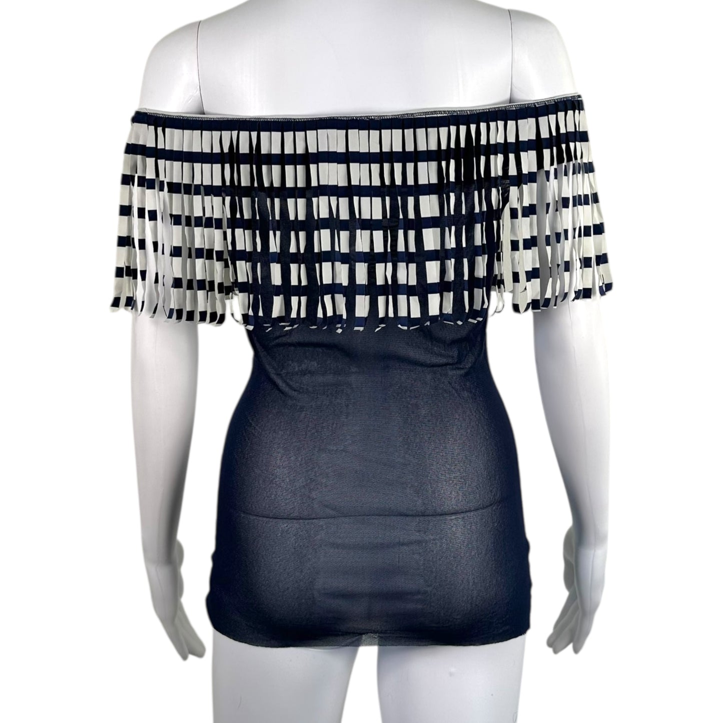 Jean Paul Gaultier Soleil Striped Fringe Trim Navy Blue Mesh Tank