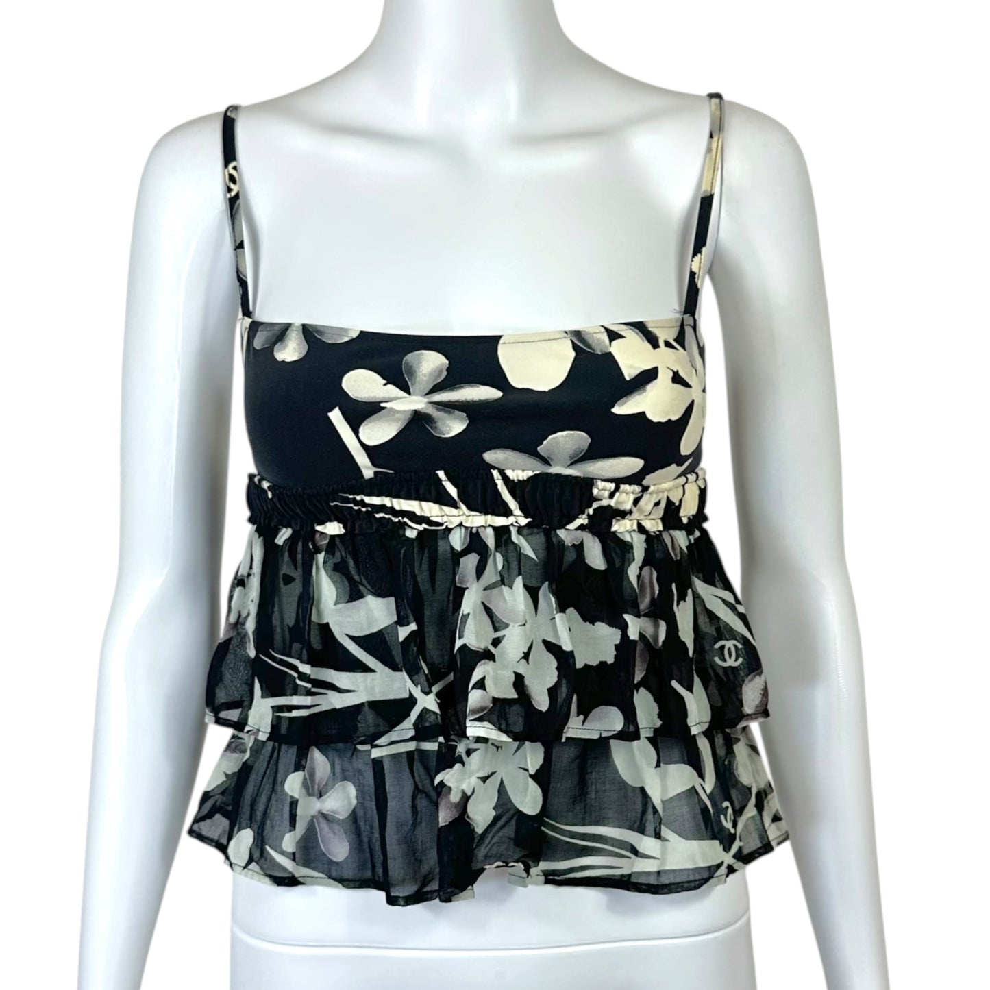 Chanel 2004 Floral Print Black & White Babydoll Cropped Open Back Tank
