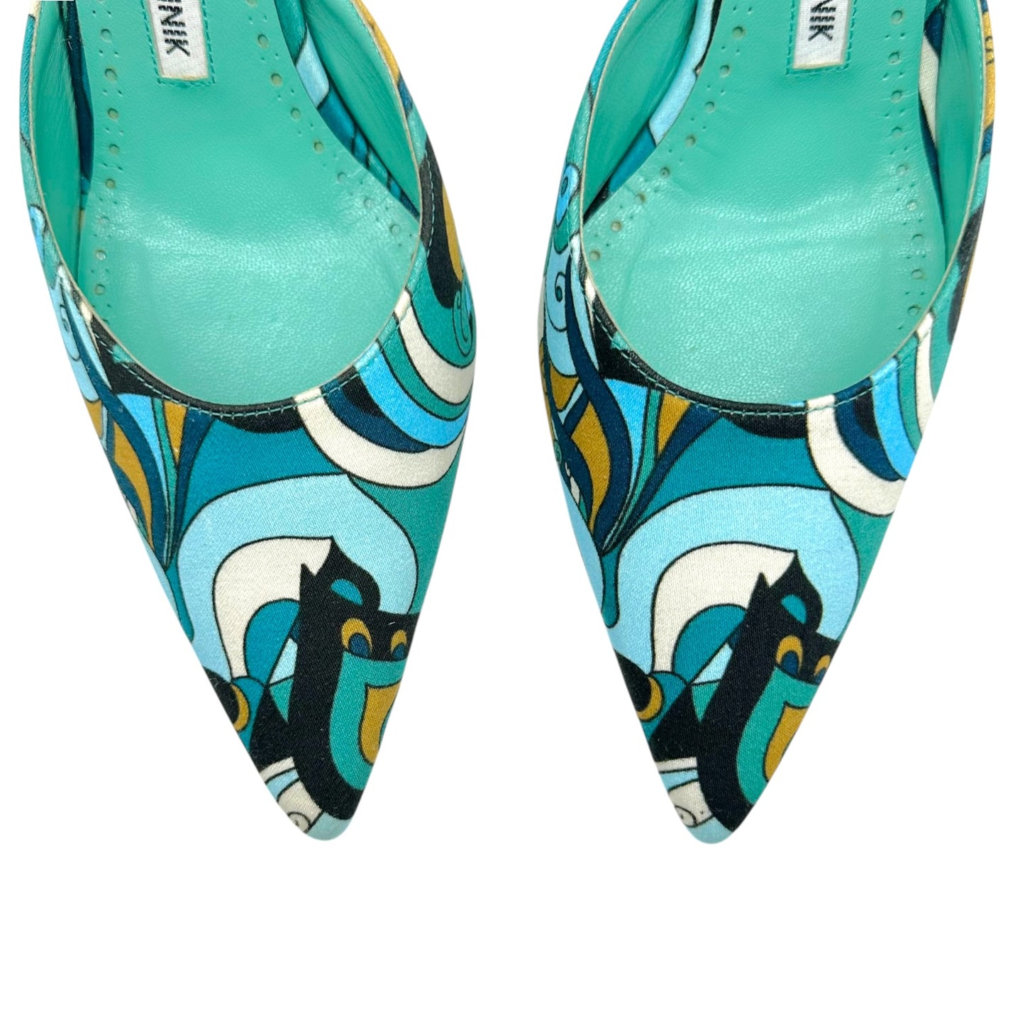 Manolo Blahnik Turquoise Swirl Print Kitten Heel Mules