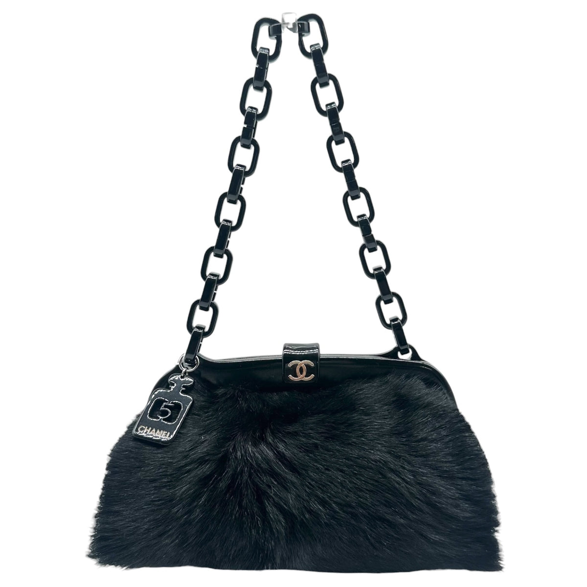 Chanel No.5 Black Fur & Resin Chain Strap Frame Shoulder Bag 2005-06